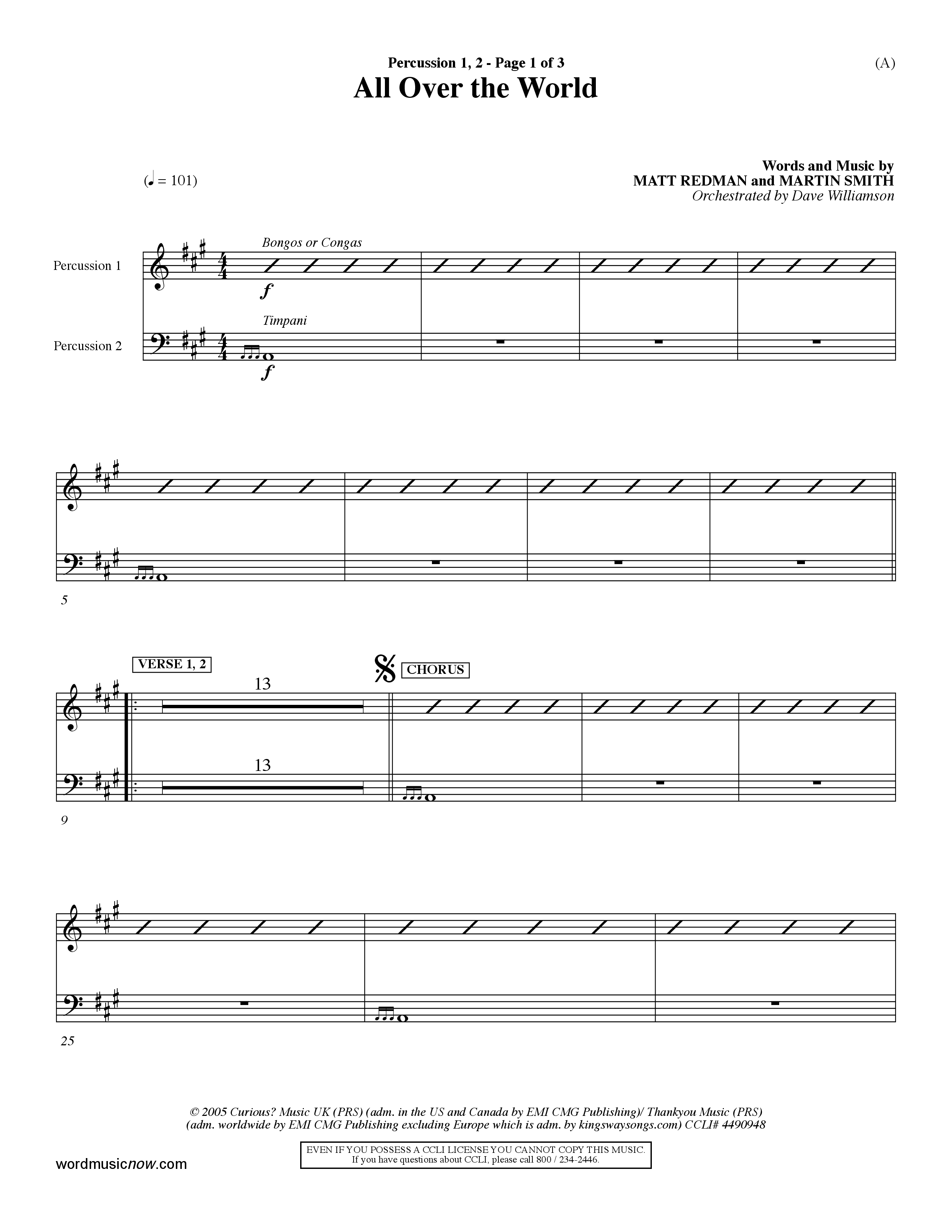 All Over The World (Choral Anthem SATB) Percussion 1/2 (Word Music Choral / Orch. Dave Williamson)