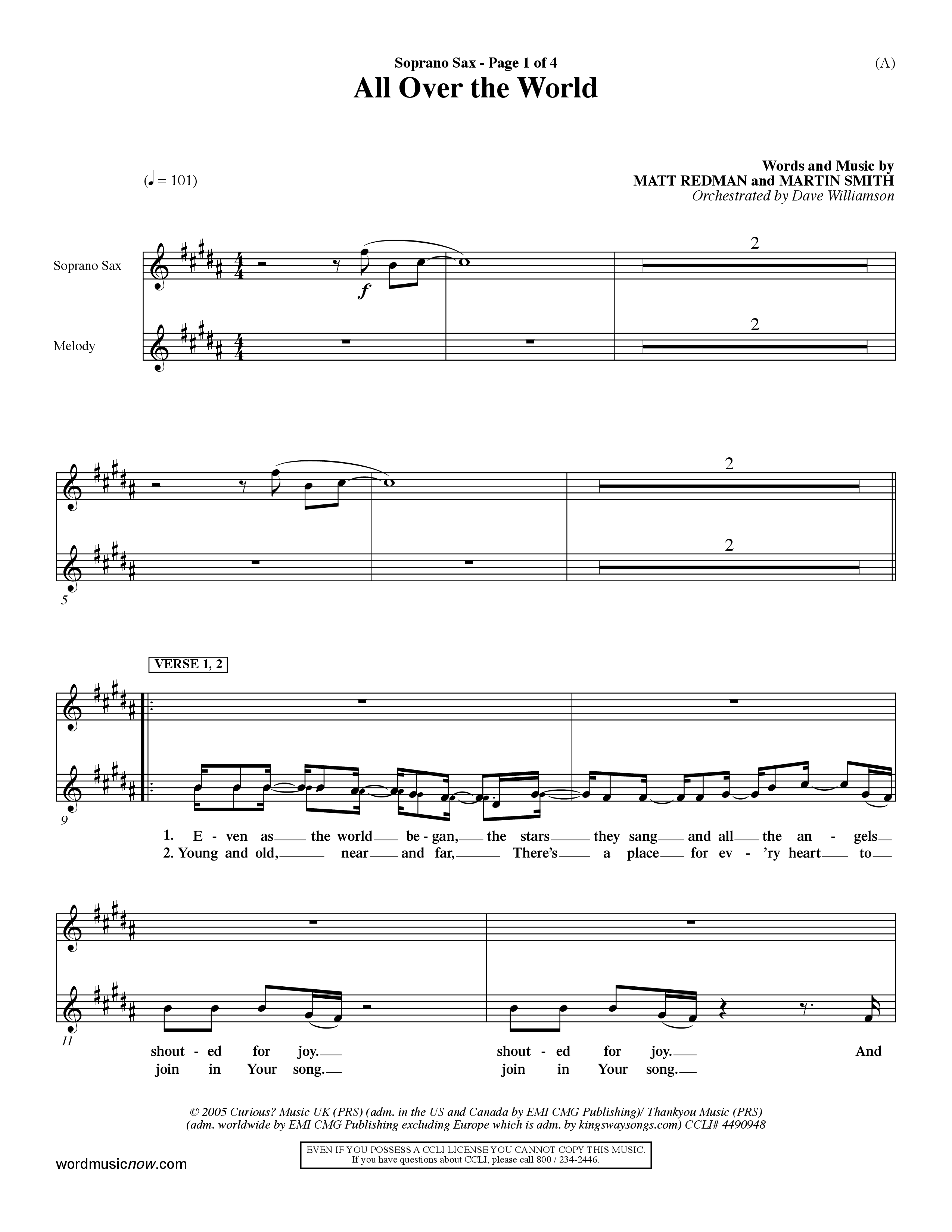 All Over The World (Choral Anthem SATB) Saxophone (Word Music Choral / Orch. Dave Williamson)