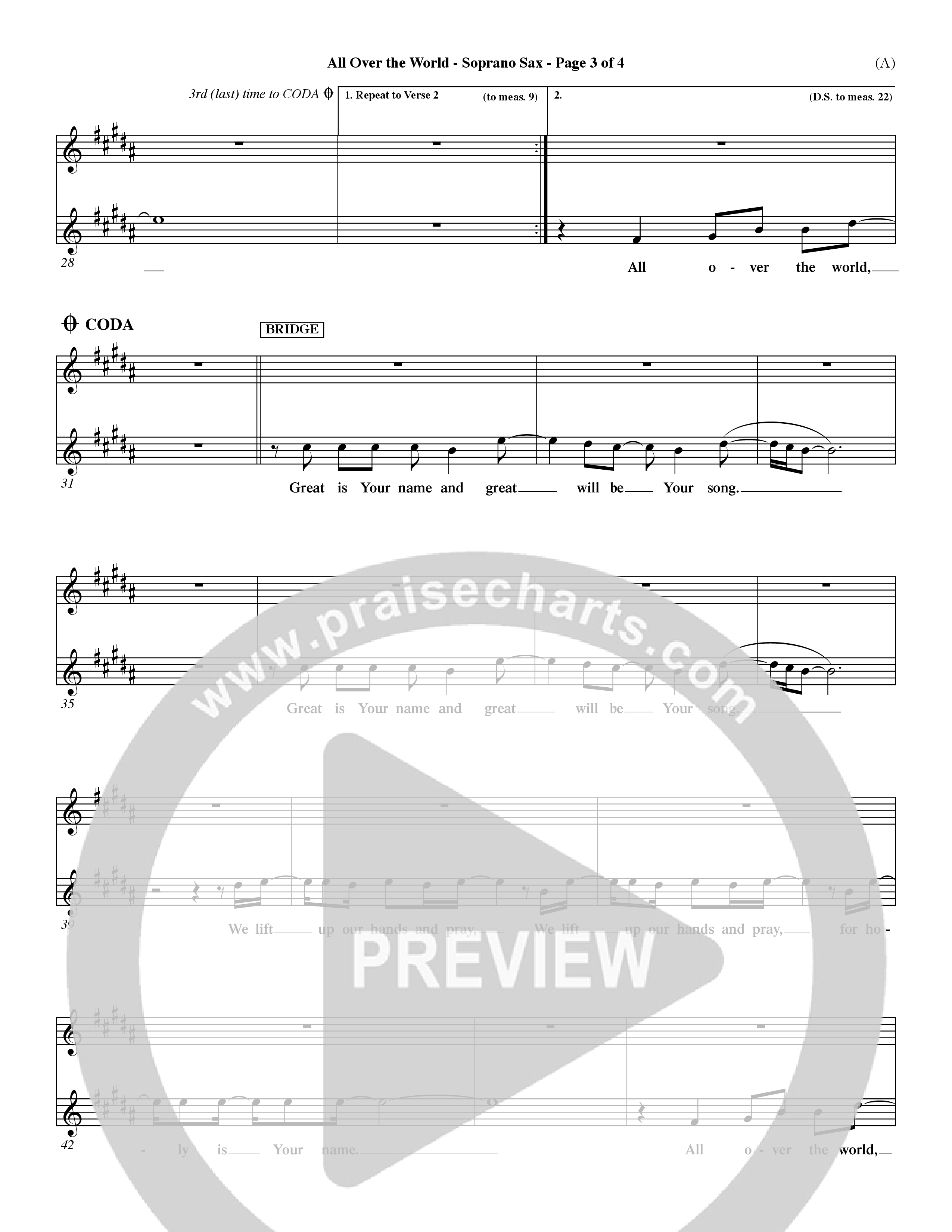 All Over The World (Choral Anthem SATB) Saxophone (Word Music Choral / Orch. Dave Williamson)