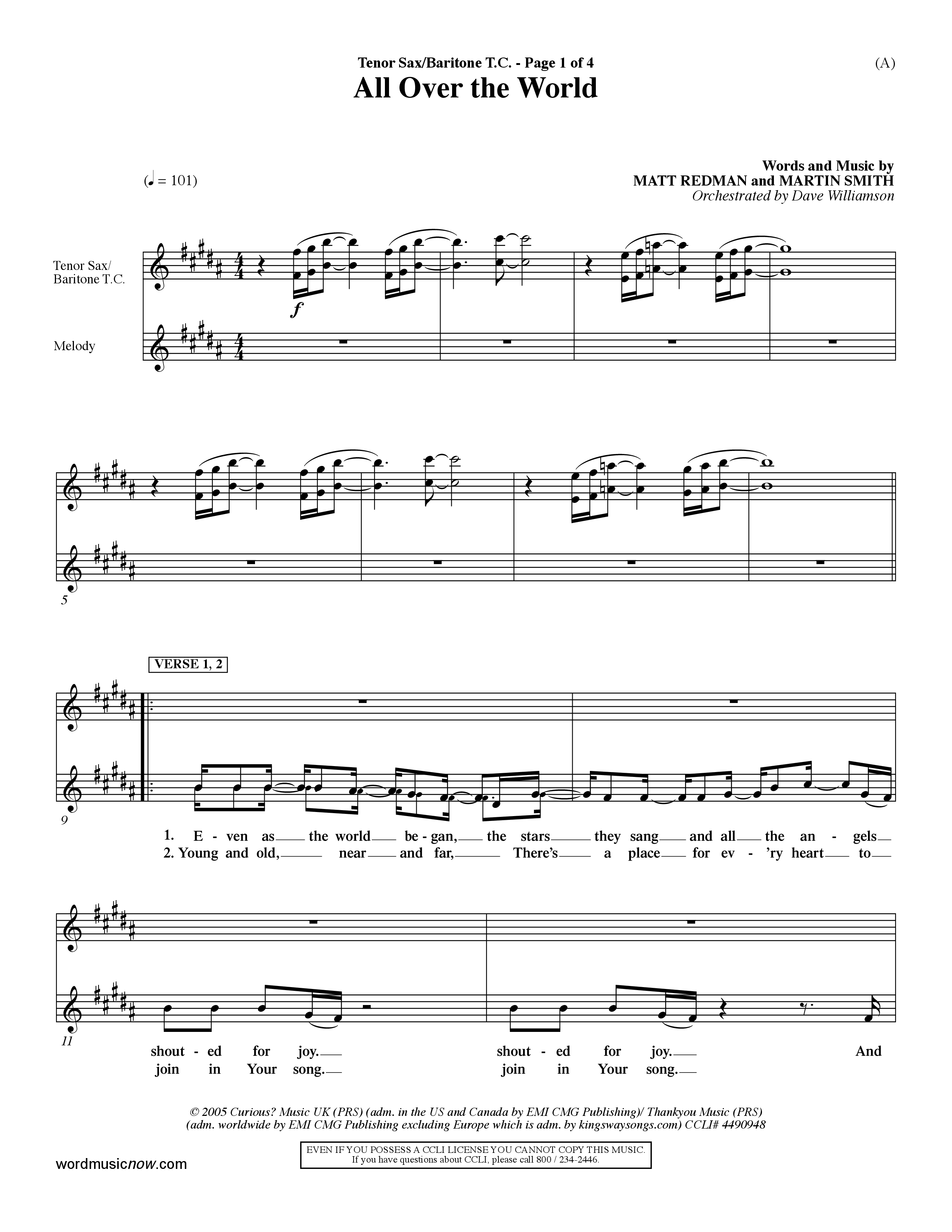 All Over The World (Choral Anthem SATB) Tenor Sax/Baritone T.C. (Word Music Choral / Orch. Dave Williamson)