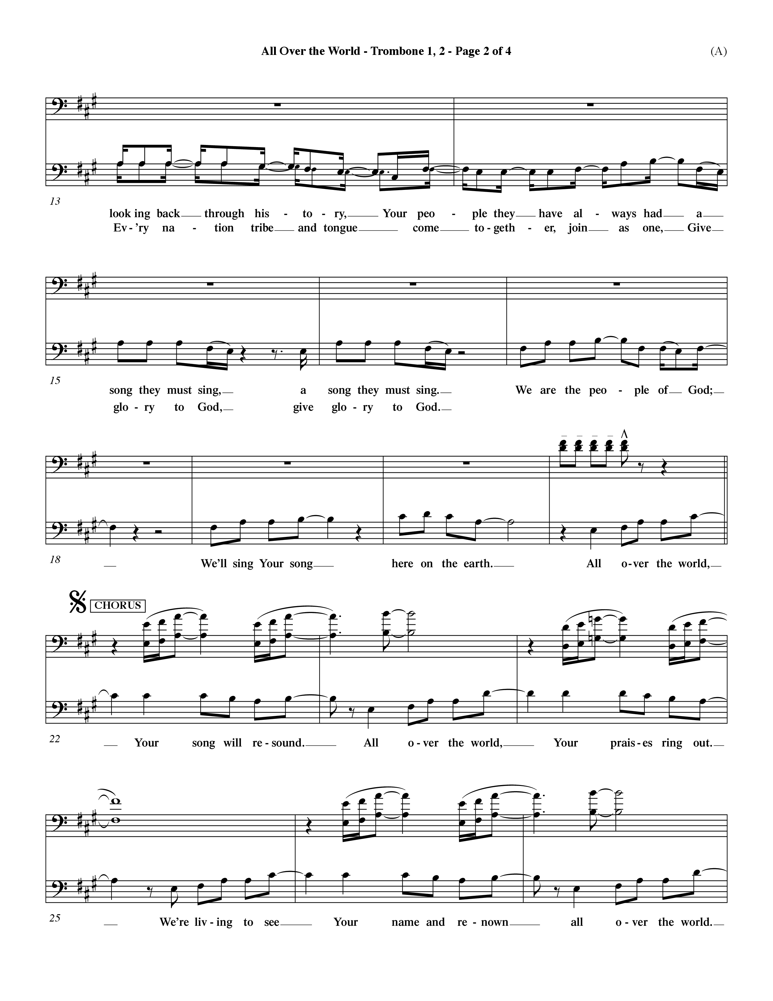 All Over The World (Choral Anthem SATB) Trombone 1/2 (Word Music Choral / Orch. Dave Williamson)