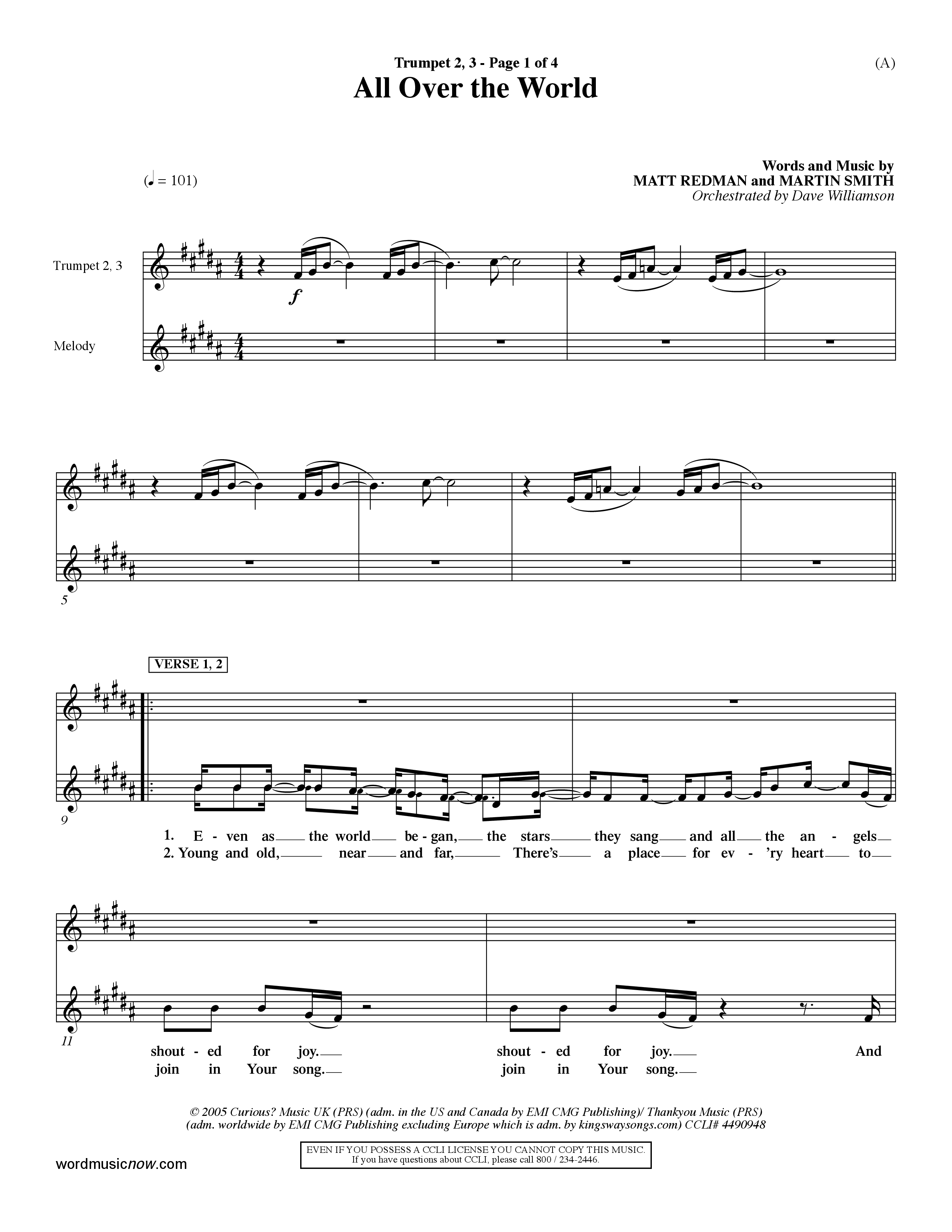 All Over The World (Choral Anthem SATB) Trumpet 2/3 (Word Music Choral / Orch. Dave Williamson)