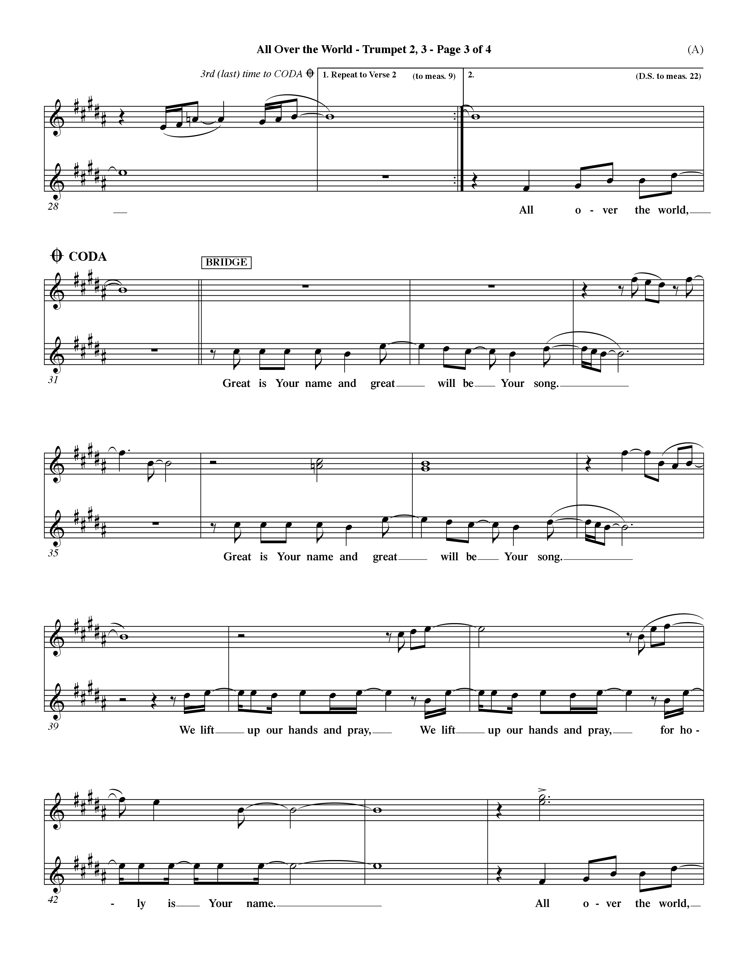 All Over The World (Choral Anthem SATB) Trumpet 2/3 (Word Music Choral / Orch. Dave Williamson)