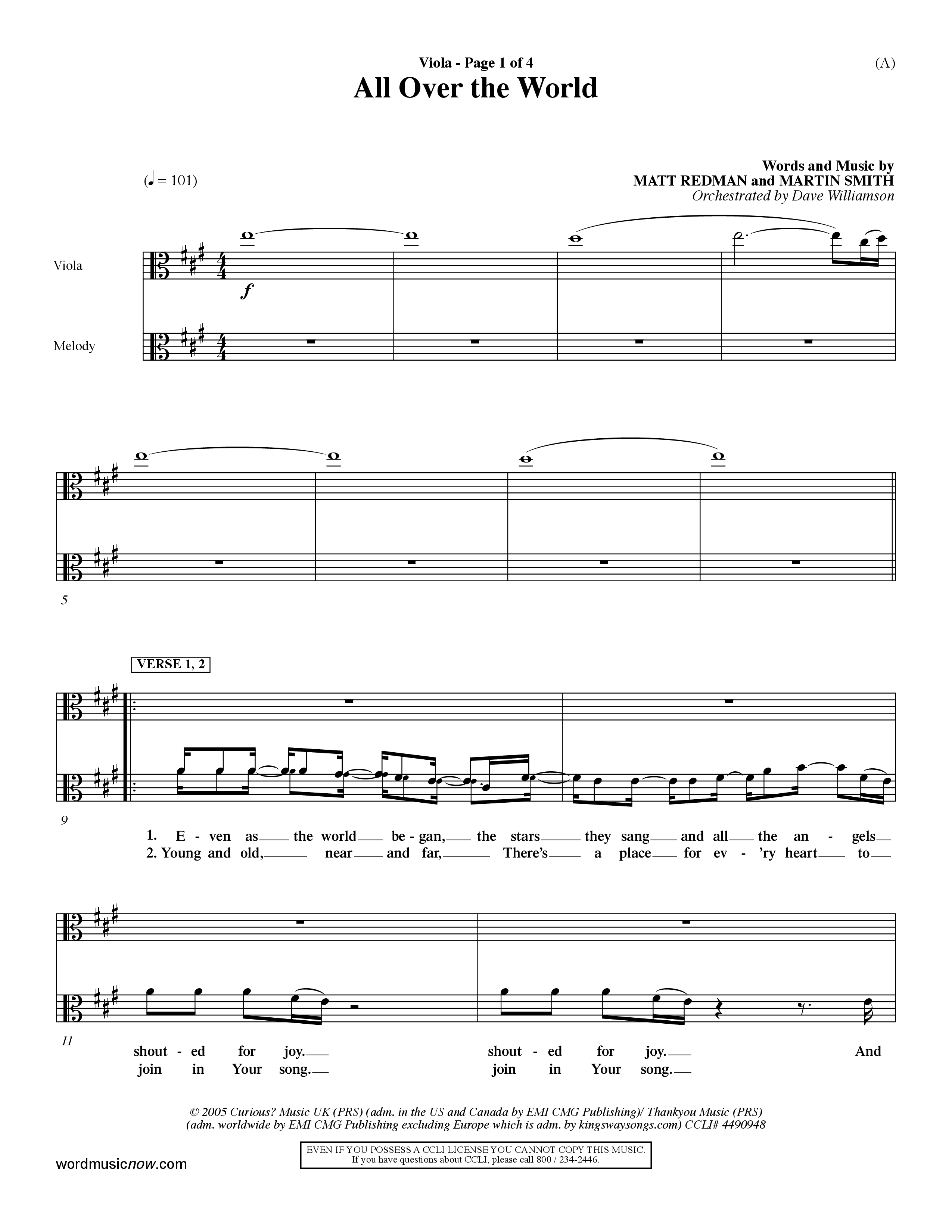 All Over The World (Choral Anthem SATB) Viola (Word Music Choral / Orch. Dave Williamson)