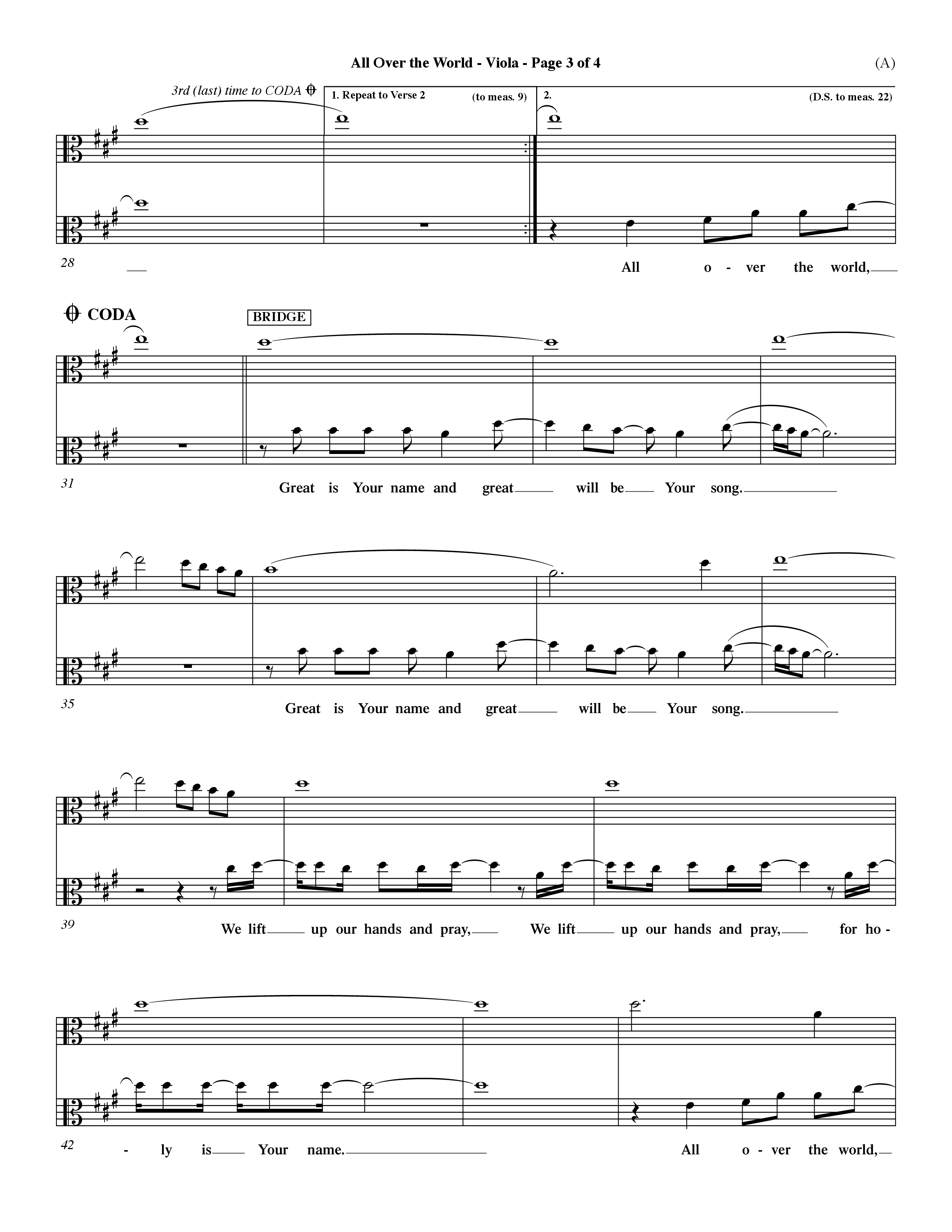 All Over The World (Choral Anthem SATB) Viola (Word Music Choral / Orch. Dave Williamson)