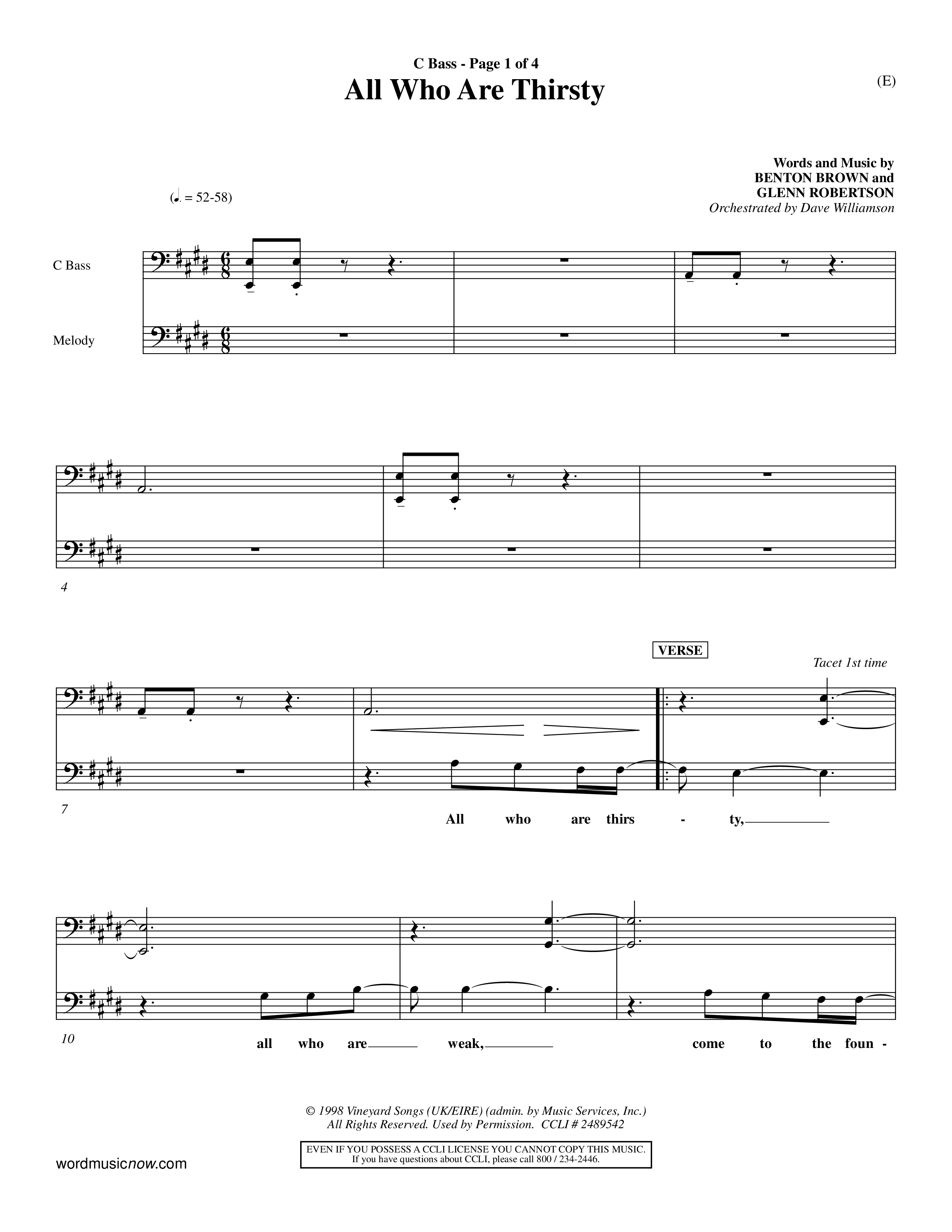 All Who Are Thirsty (Choral Anthem SATB) Contrabass (Word Music Choral / Orch. Dave Williamson)