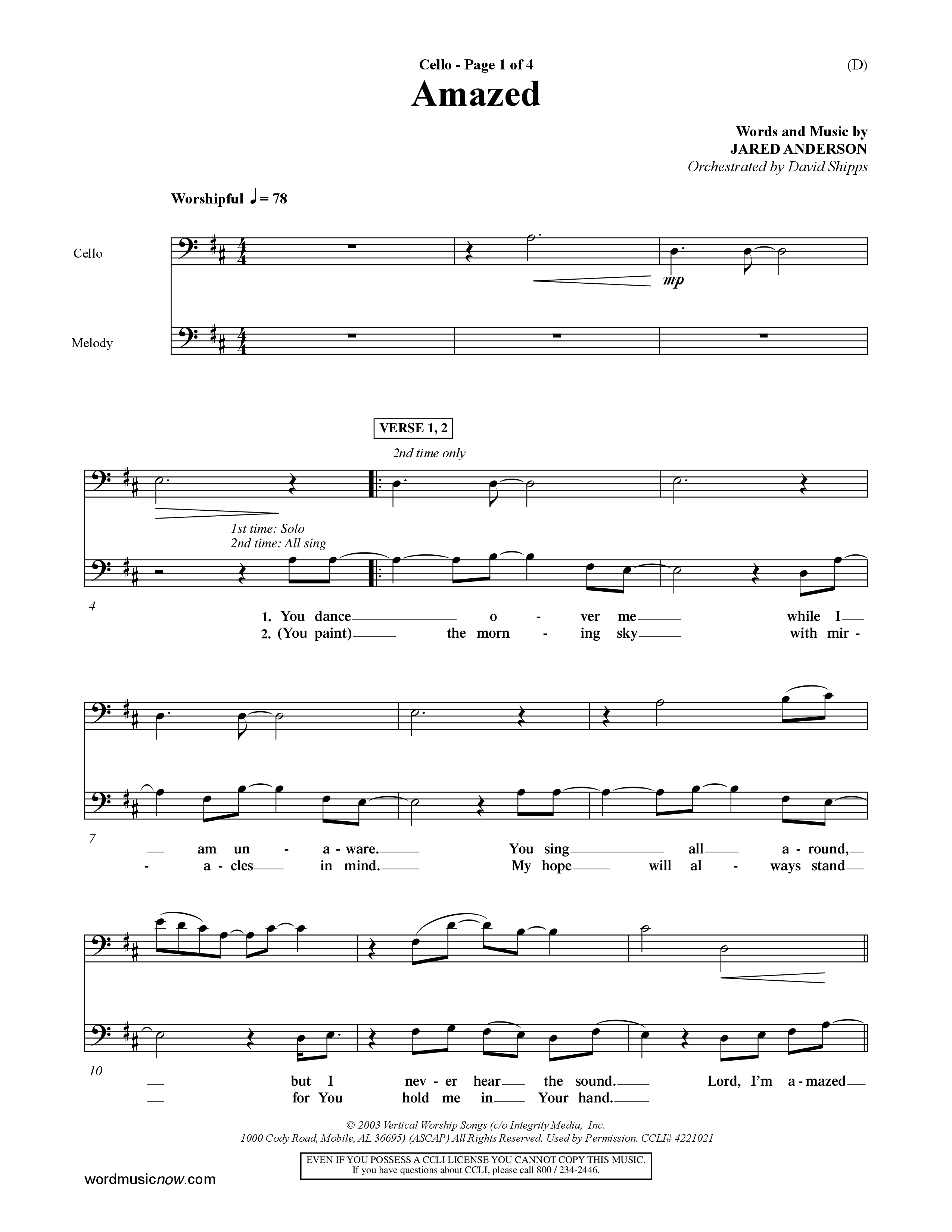 Amazed (Choral Anthem SATB) Cello (Word Music Choral / Orch. David Shipps)