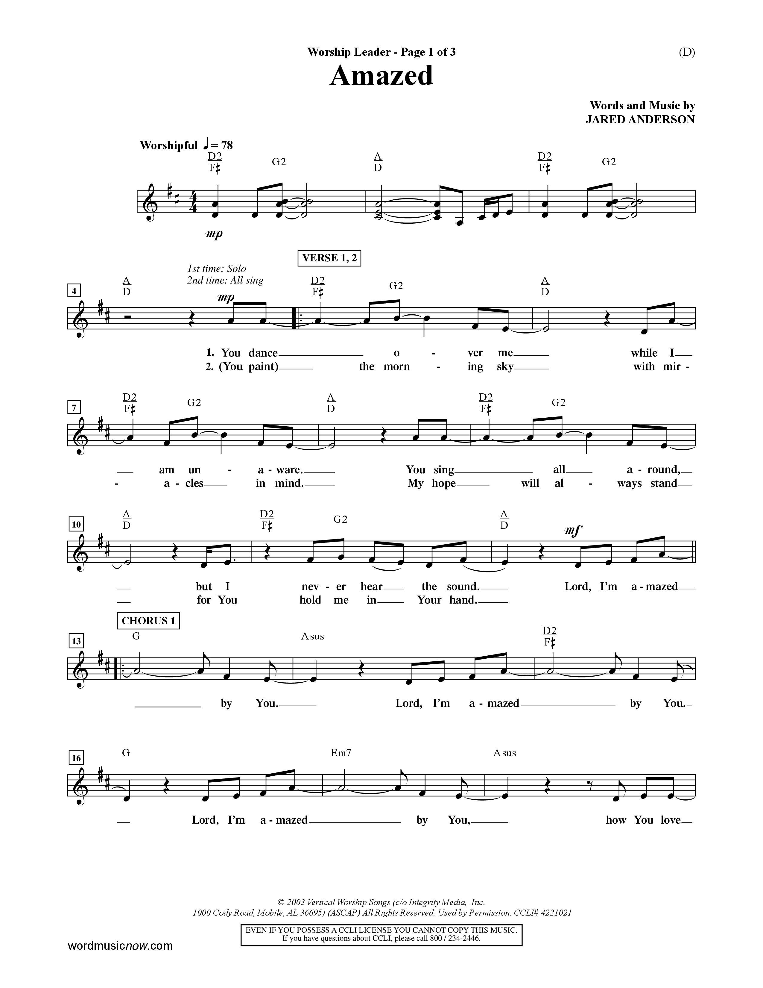Amazed (Choral Anthem SATB) Lead Sheet (Mel) (Word Music Choral / Orch. David Shipps)