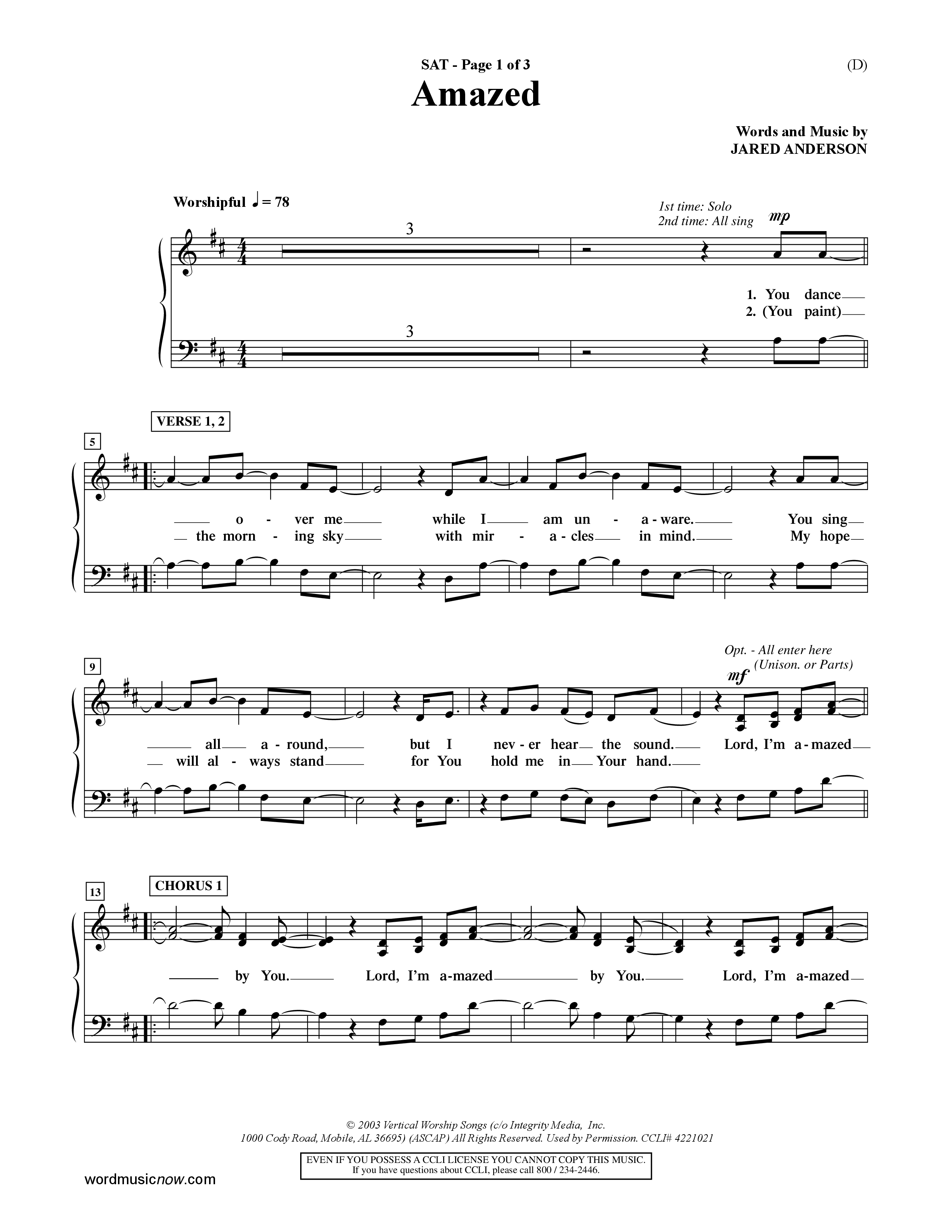 Amazed (Choral Anthem SATB) Lead Sheet (SAT) (Word Music Choral / Orch. David Shipps)