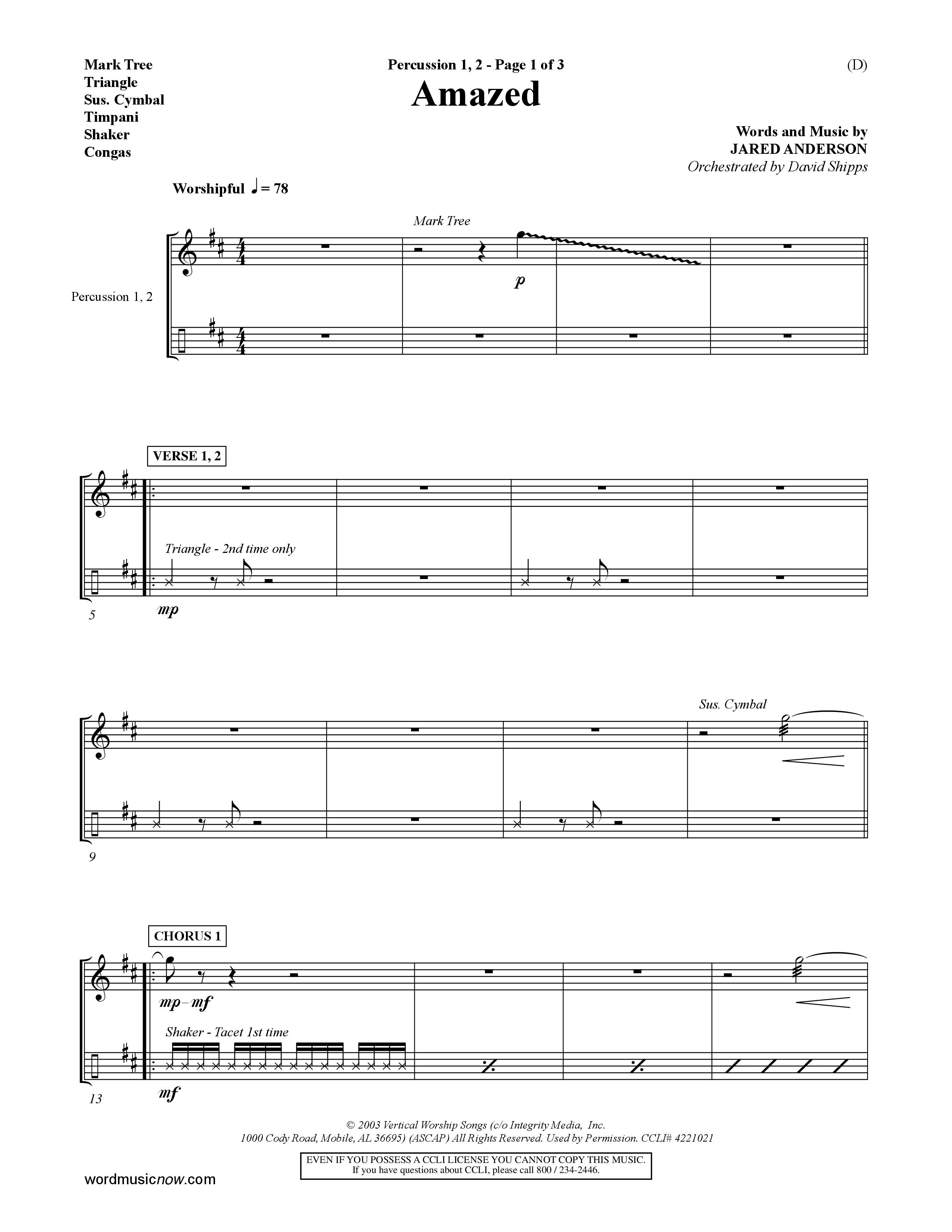 Amazed (Choral Anthem SATB) Percussion 1/2 (Word Music Choral / Orch. David Shipps)