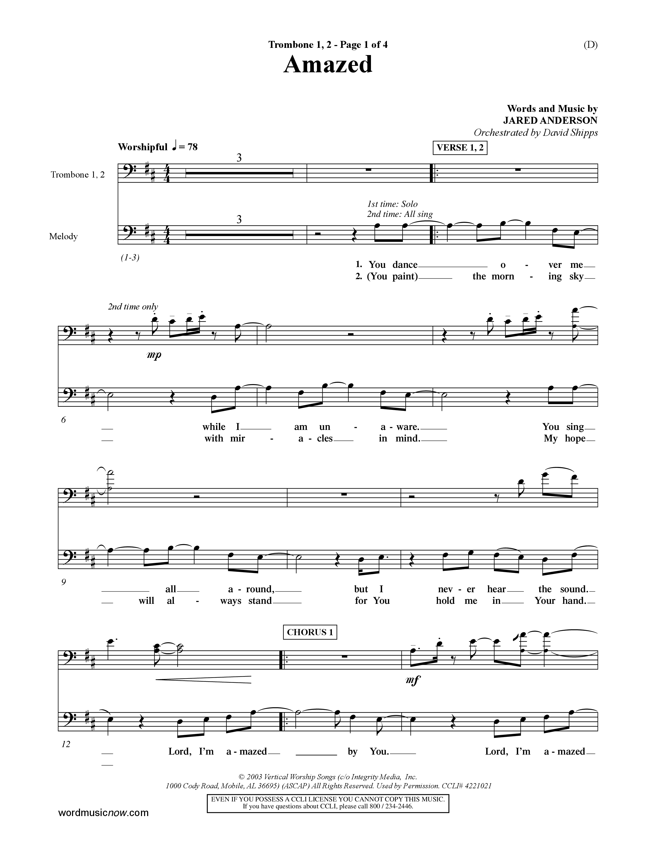 Amazed (Choral Anthem SATB) Trombone 1/2 (Word Music Choral / Orch. David Shipps)