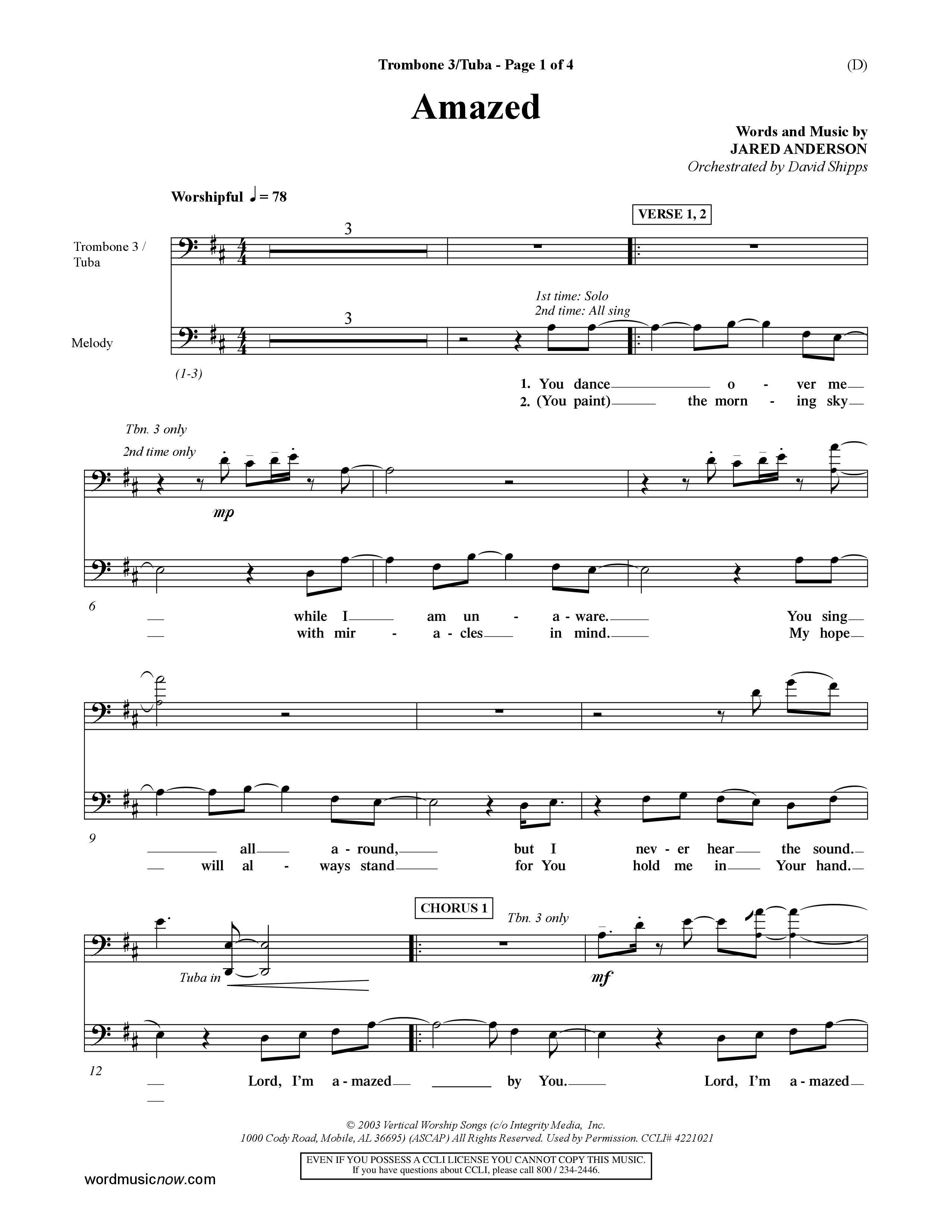 Amazed (Choral Anthem SATB) Trombone 3/Tuba (Word Music Choral / Orch. David Shipps)