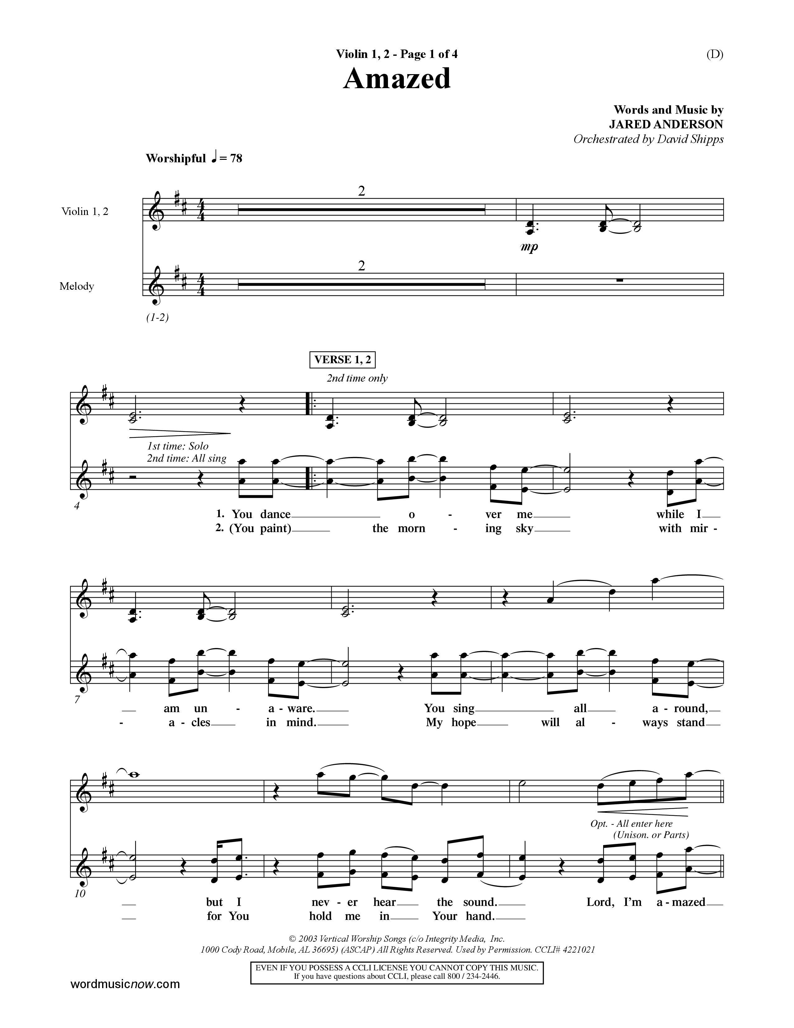 Amazed (Choral Anthem SATB) Violin 1/2 (Word Music Choral / Orch. David Shipps)