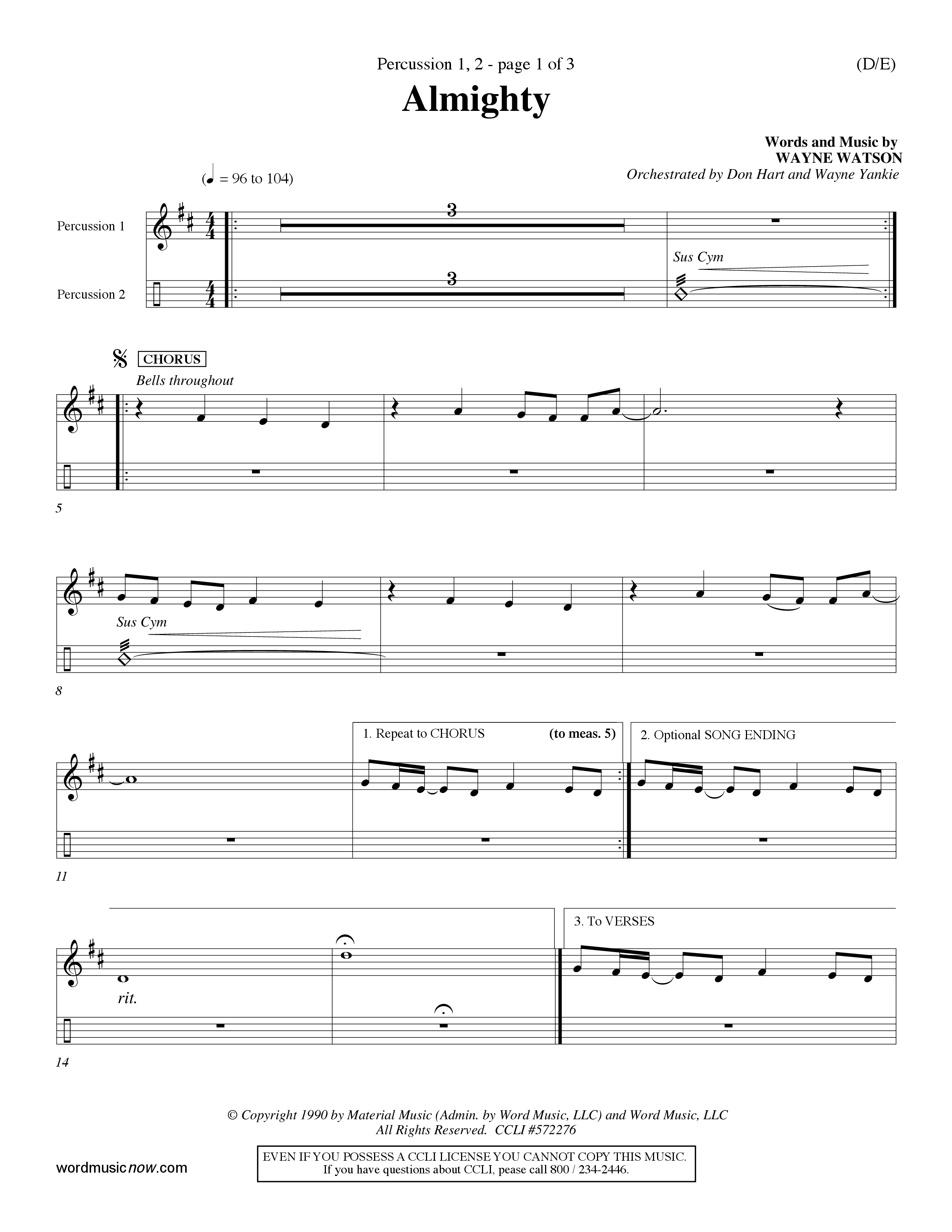Almighty (Choral Anthem SATB) Percussion 1/2 (Word Music Choral / Orch. Don Hart / Orch. Wayne Yankie)