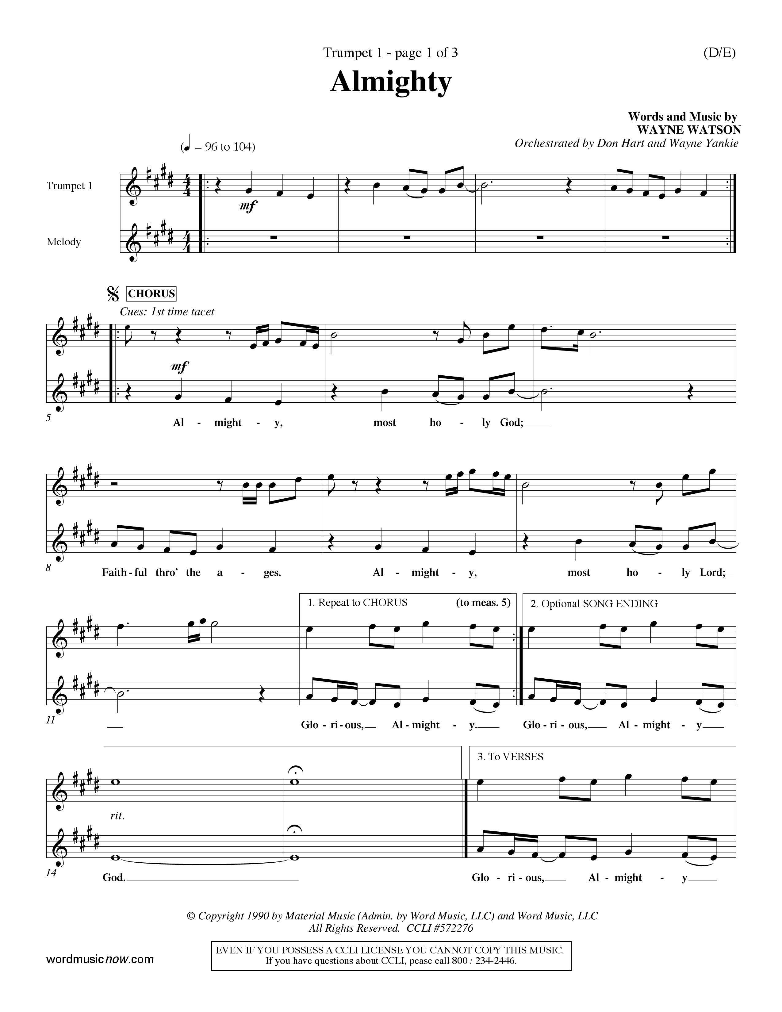 Almighty (Choral Anthem SATB) Trumpet 1 (Word Music Choral / Orch. Don Hart / Orch. Wayne Yankie)