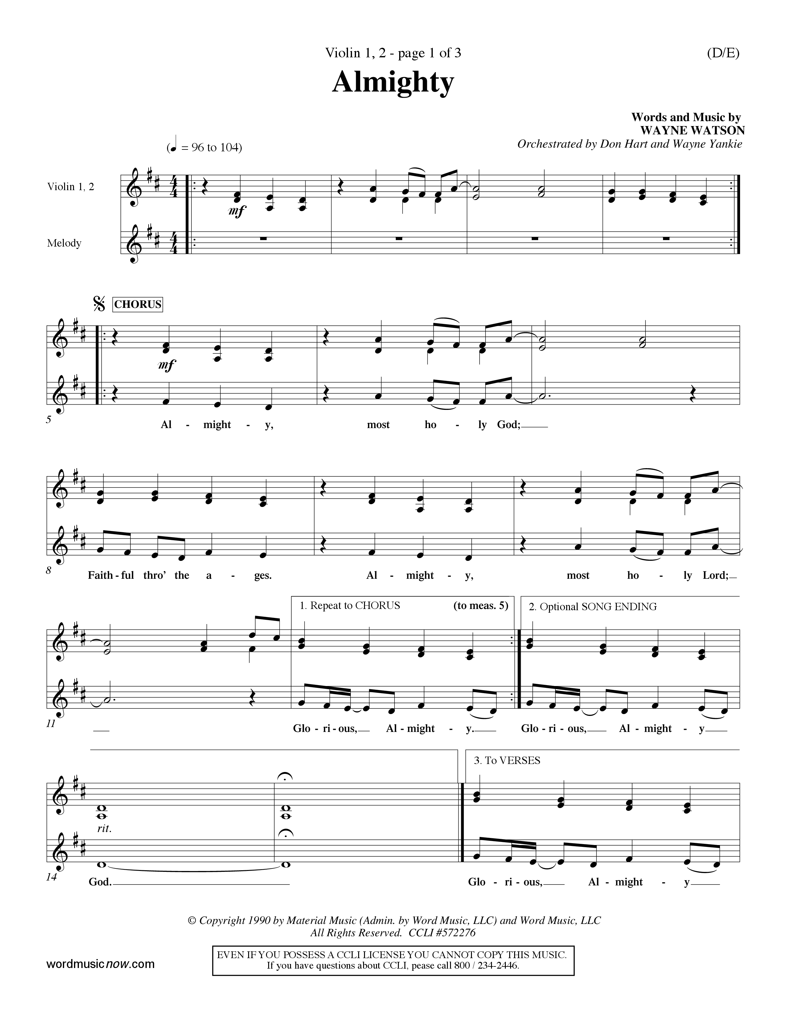 Almighty (Choral Anthem SATB) Violin 1/2 (Word Music Choral / Orch. Don Hart / Orch. Wayne Yankie)