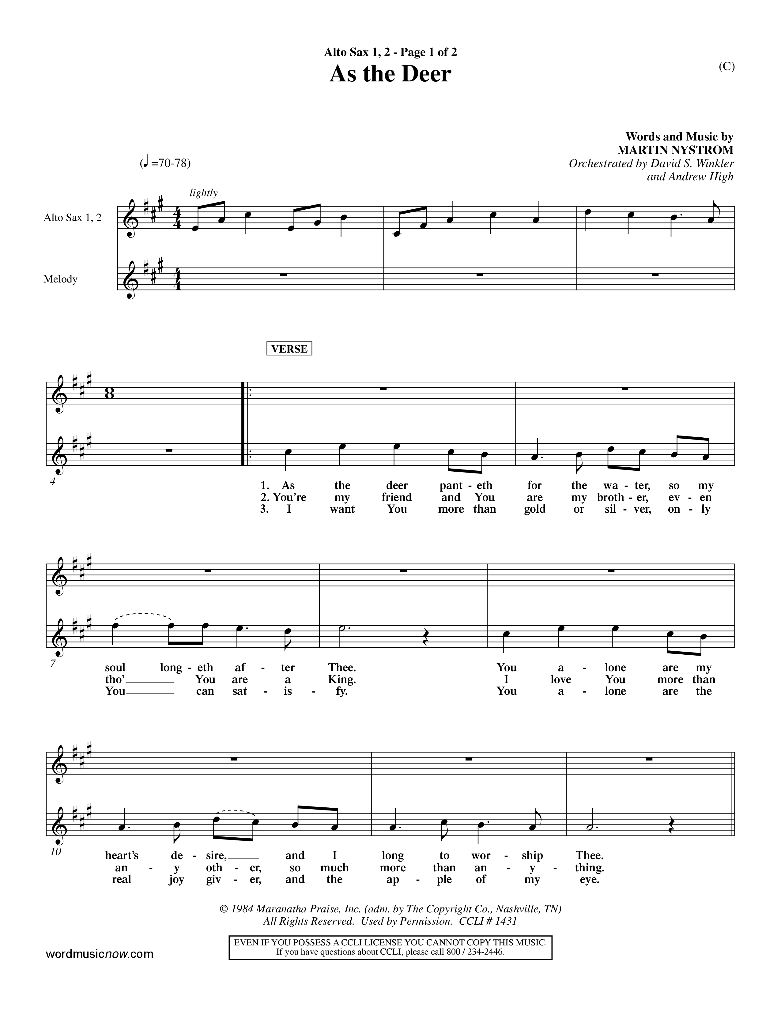 As The Deer (Choral Anthem SATB) Alto Sax 1/2 (Word Music Choral / Orch. David Winkler / Orch. Andrew High)