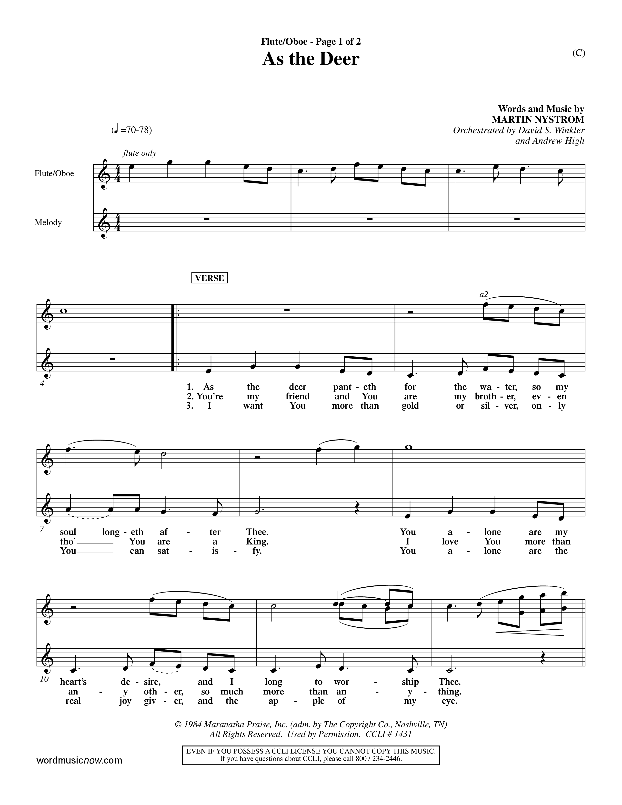 As The Deer (Choral Anthem SATB) Flute/Oboe (Word Music Choral / Orch. David Winkler / Orch. Andrew High)