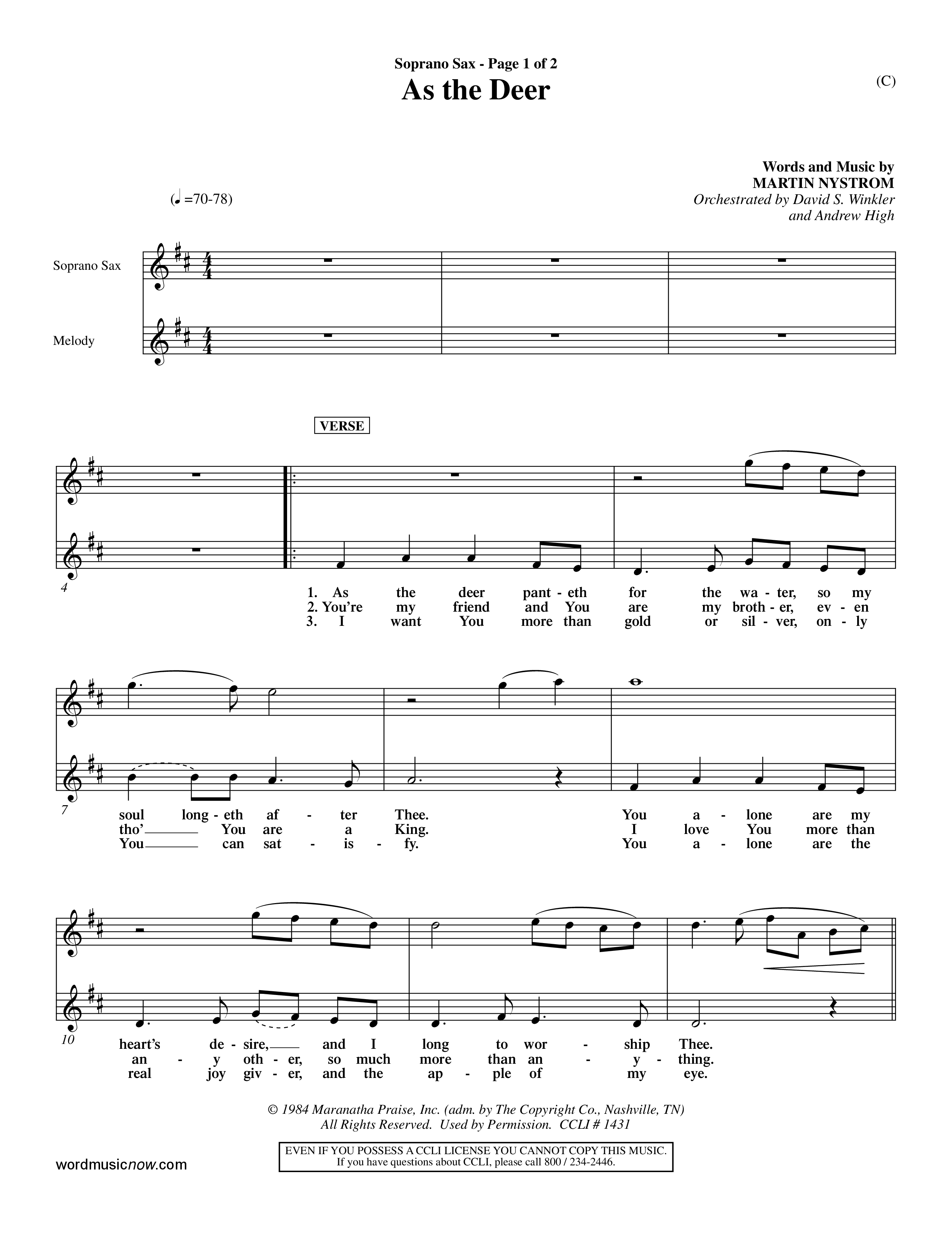 As The Deer (Choral Anthem SATB) Saxophone (Word Music Choral / Orch. David Winkler / Orch. Andrew High)