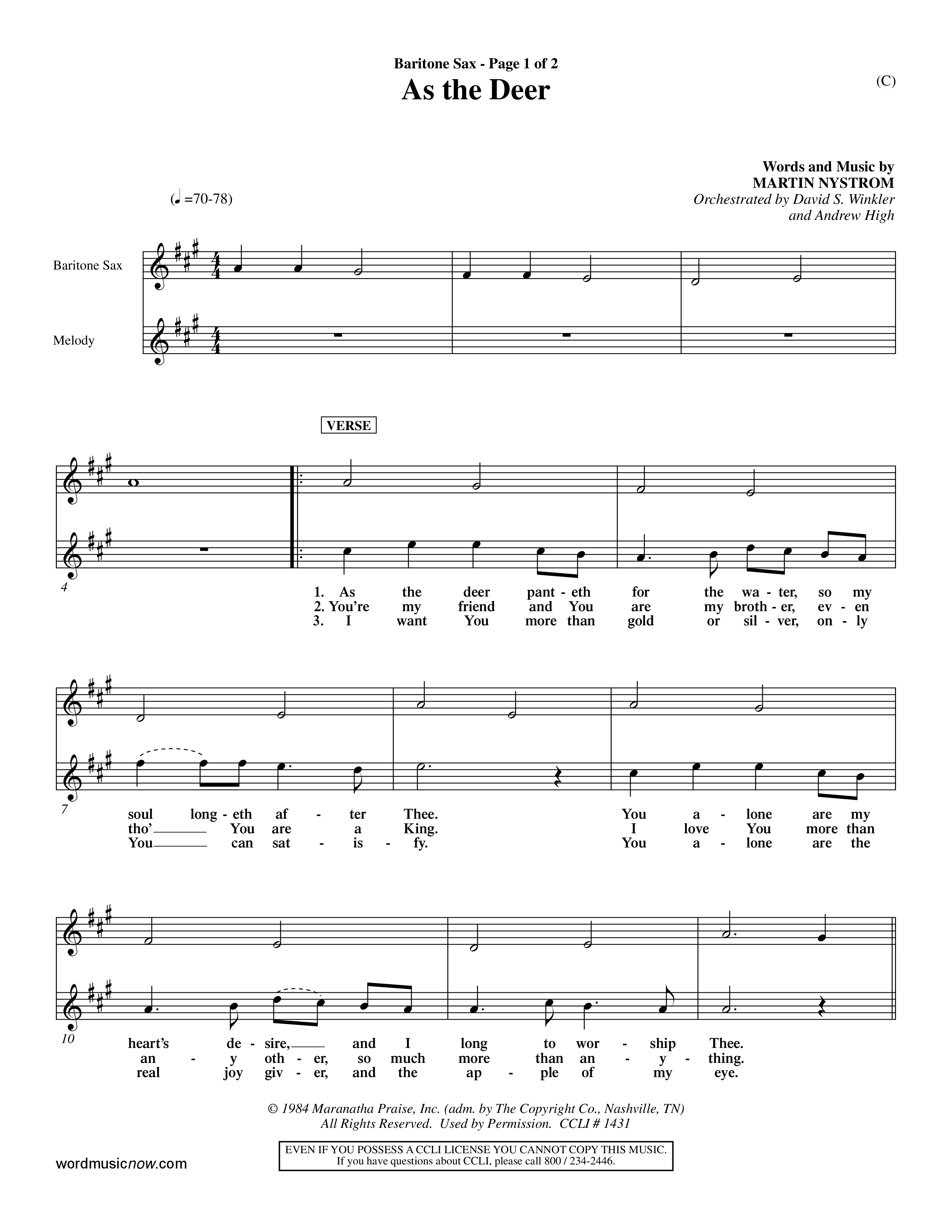 As The Deer (Choral Anthem SATB) Saxophone (Word Music Choral / Orch. David Winkler / Orch. Andrew High)
