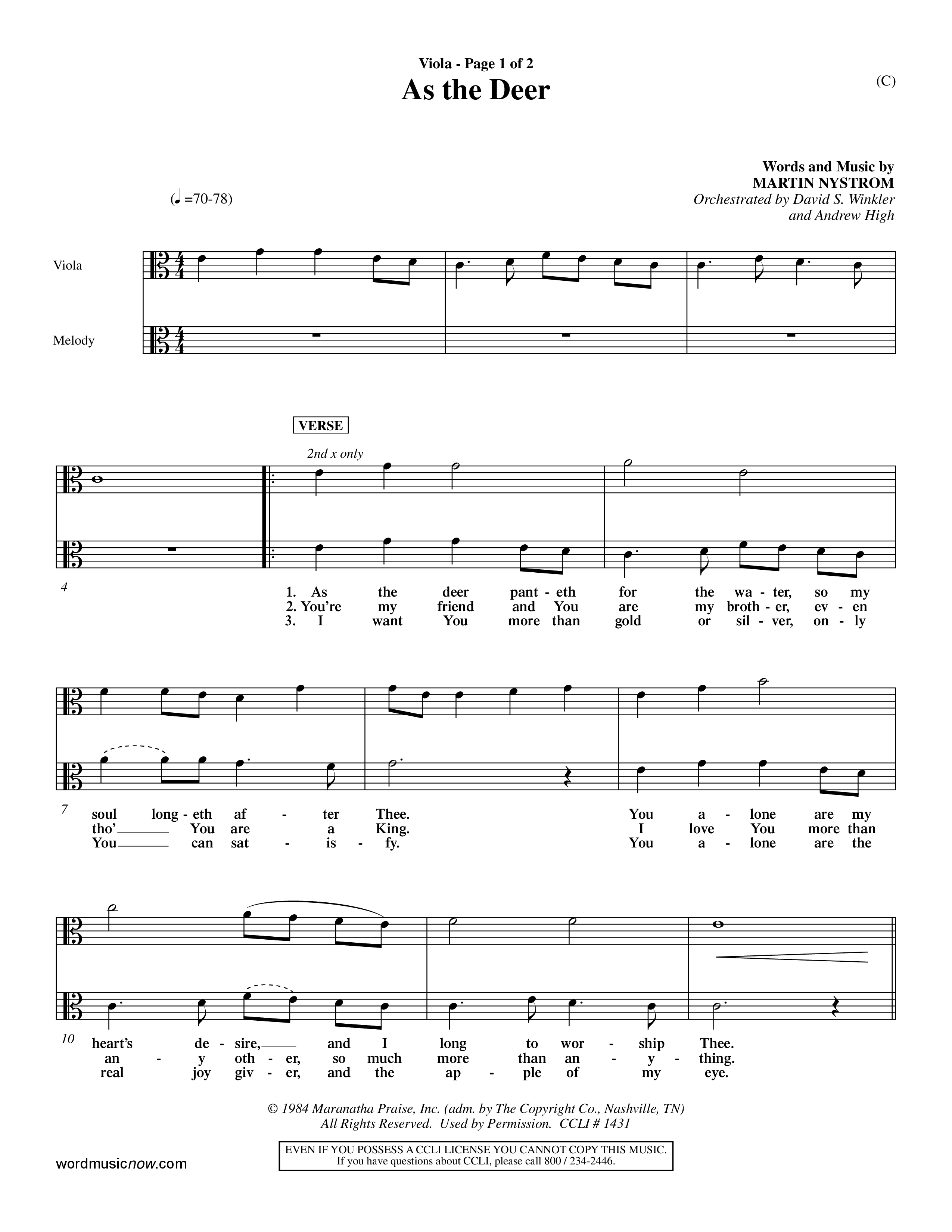 As The Deer (Choral Anthem SATB) Viola (Word Music Choral / Orch. David Winkler / Orch. Andrew High)
