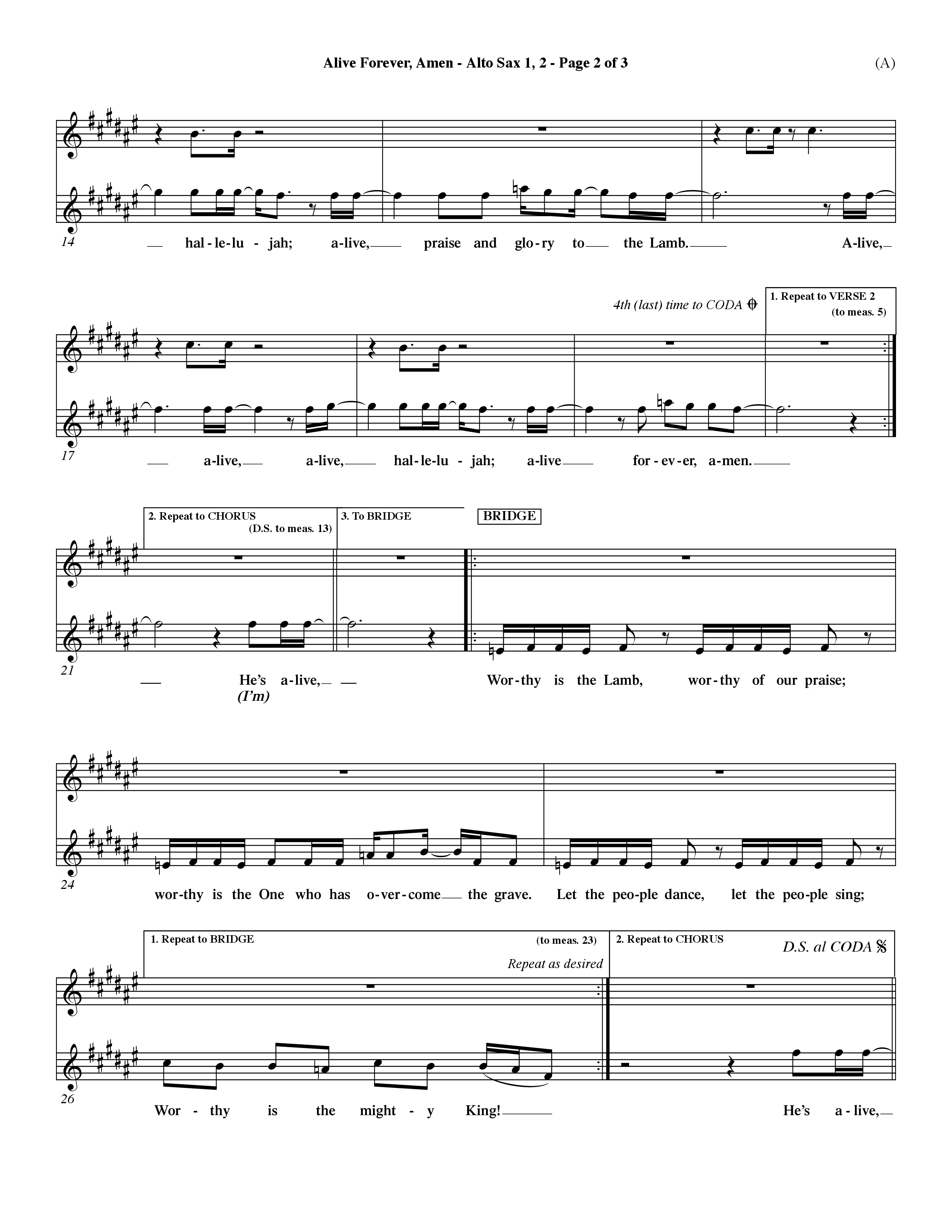 Alive Forever Amen (Choral Anthem SATB) Alto Sax 1/2 (Word Music Choral / Orch. Dave Williamson)