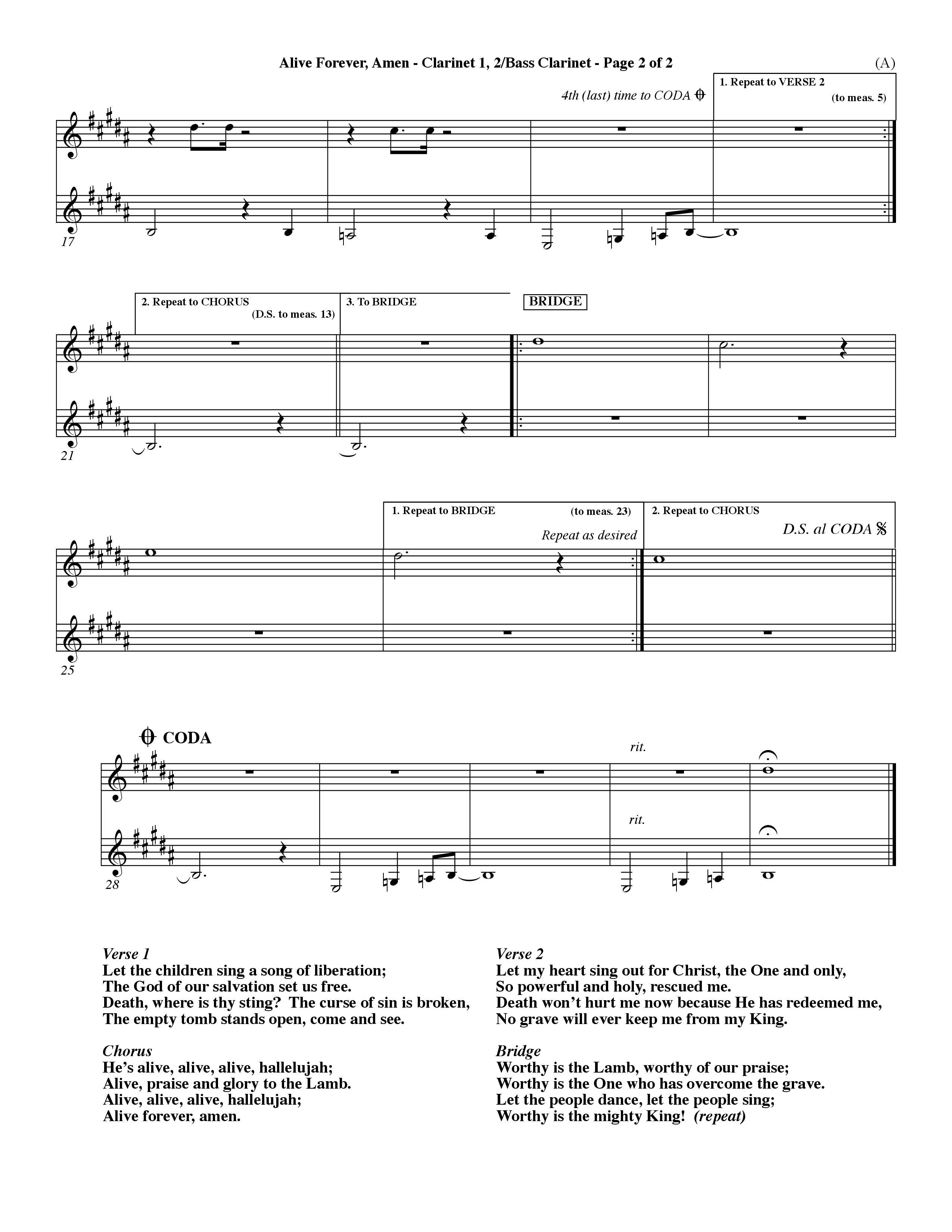 Alive Forever Amen (Choral Anthem SATB) Clarinet 1/2, Bass Clarinet (Word Music Choral / Orch. Dave Williamson)