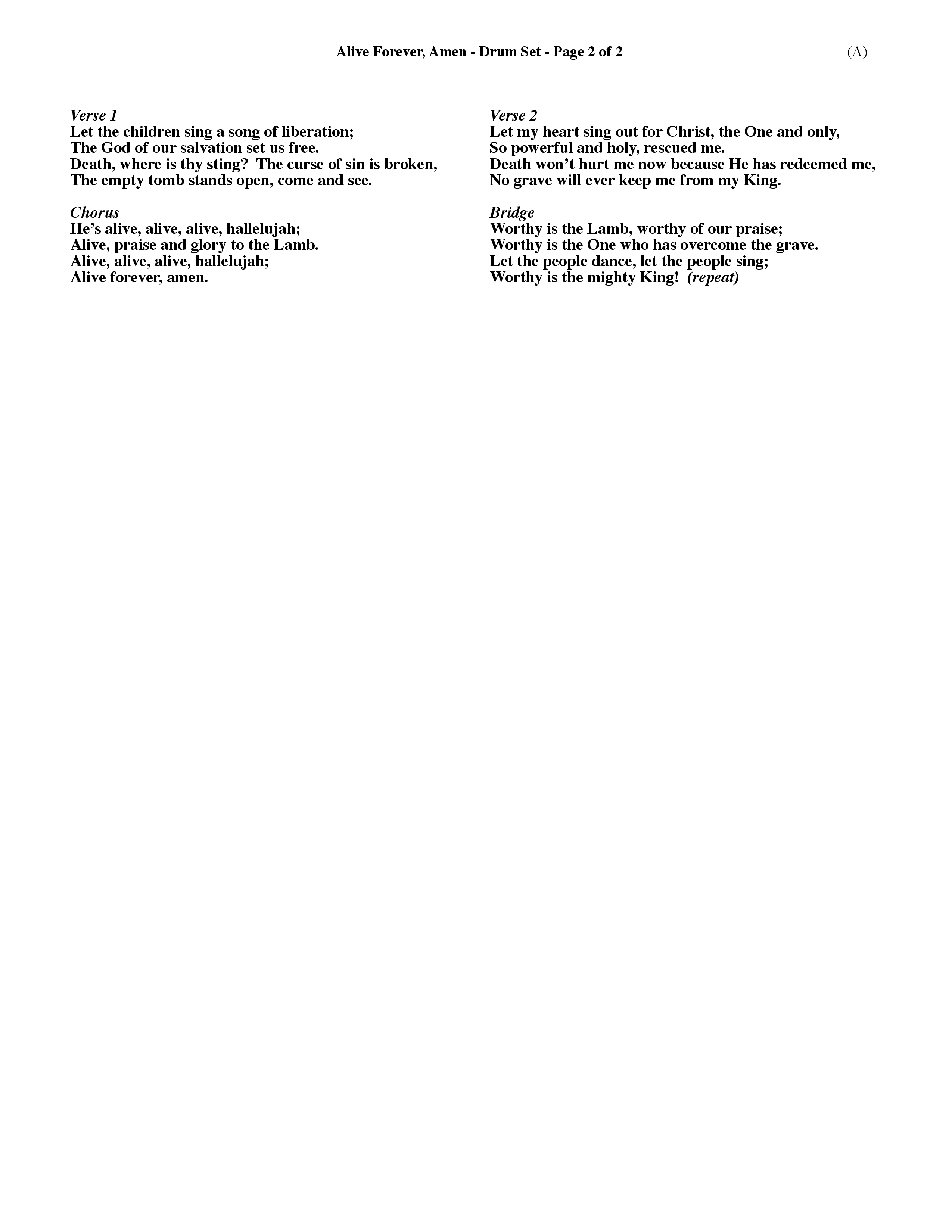 Alive Forever Amen (Choral Anthem SATB) Drum Set (Word Music Choral / Orch. Dave Williamson)