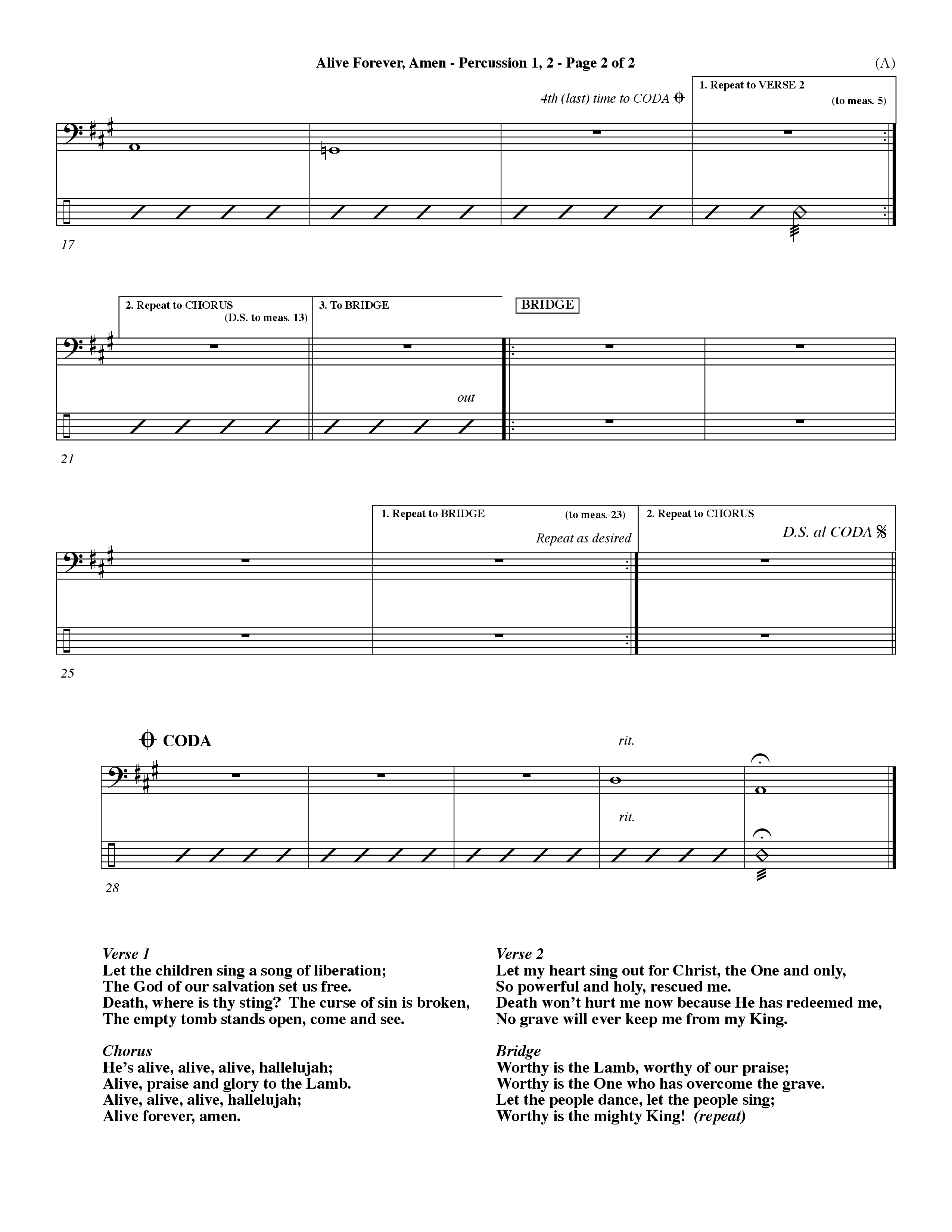 Alive Forever Amen (Choral Anthem SATB) Percussion 1/2 (Word Music Choral / Orch. Dave Williamson)