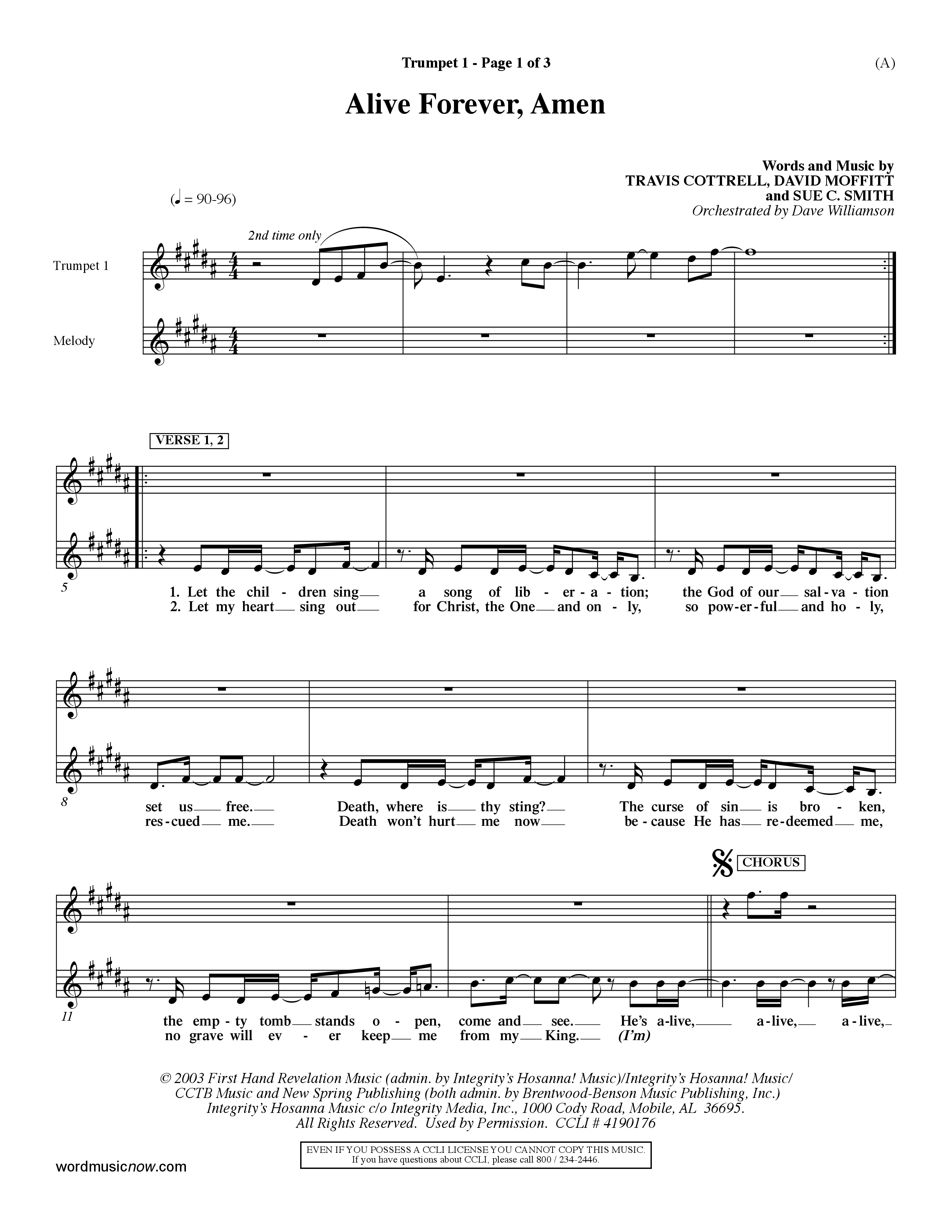 Alive Forever Amen (Choral Anthem SATB) Trumpet 1 (Word Music Choral / Orch. Dave Williamson)