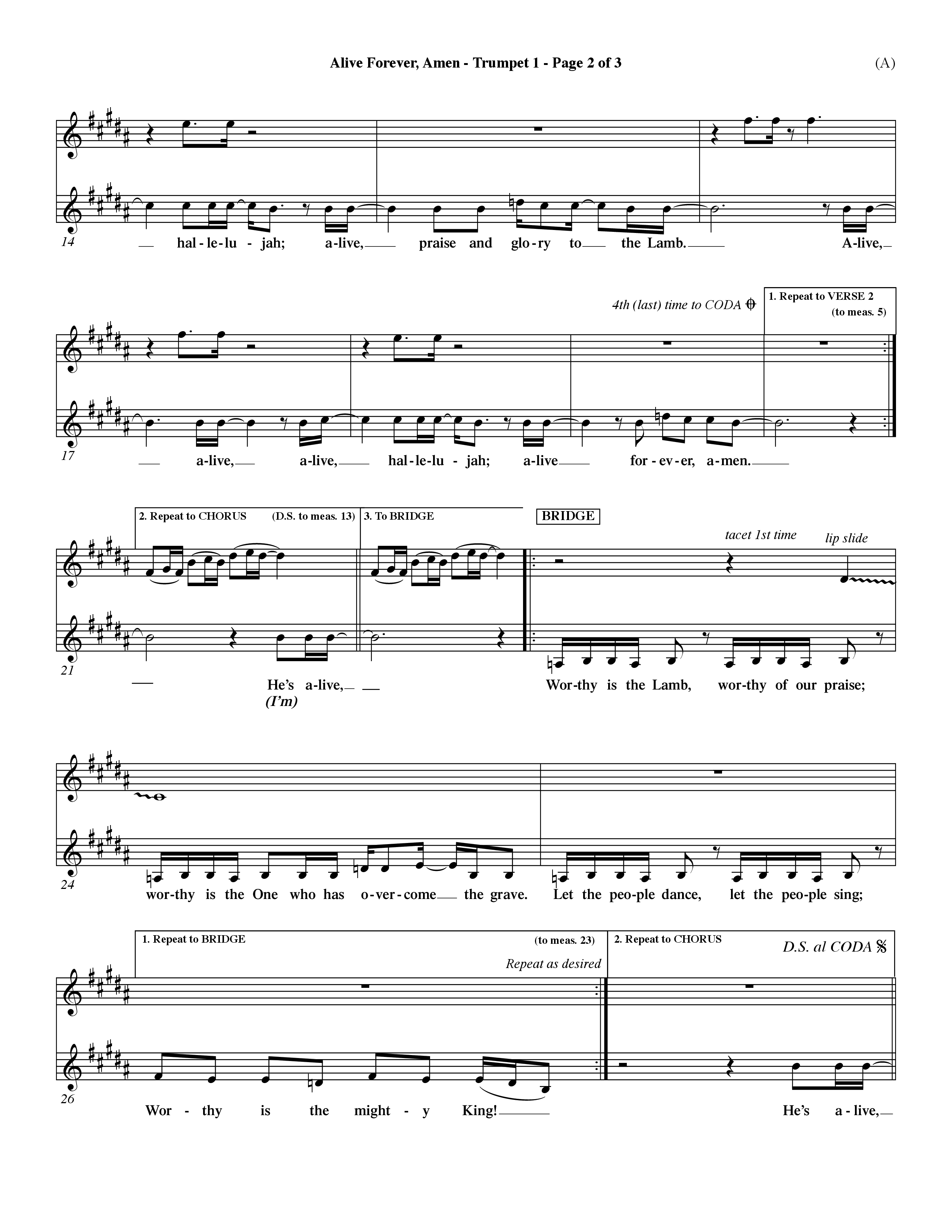 Alive Forever Amen (Choral Anthem SATB) Trumpet 1 (Word Music Choral / Orch. Dave Williamson)