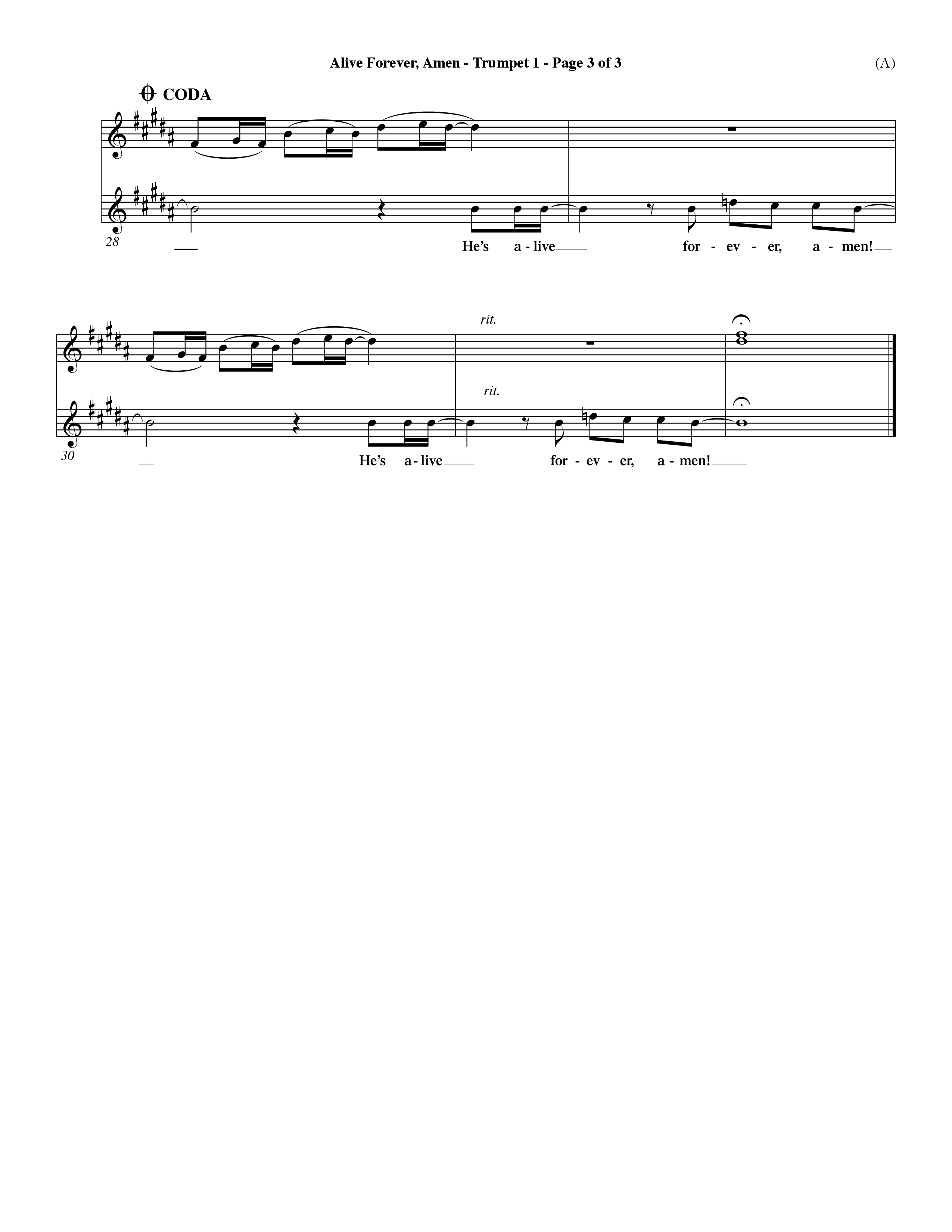 Alive Forever Amen (Choral Anthem SATB) Trumpet 1 (Word Music Choral / Orch. Dave Williamson)