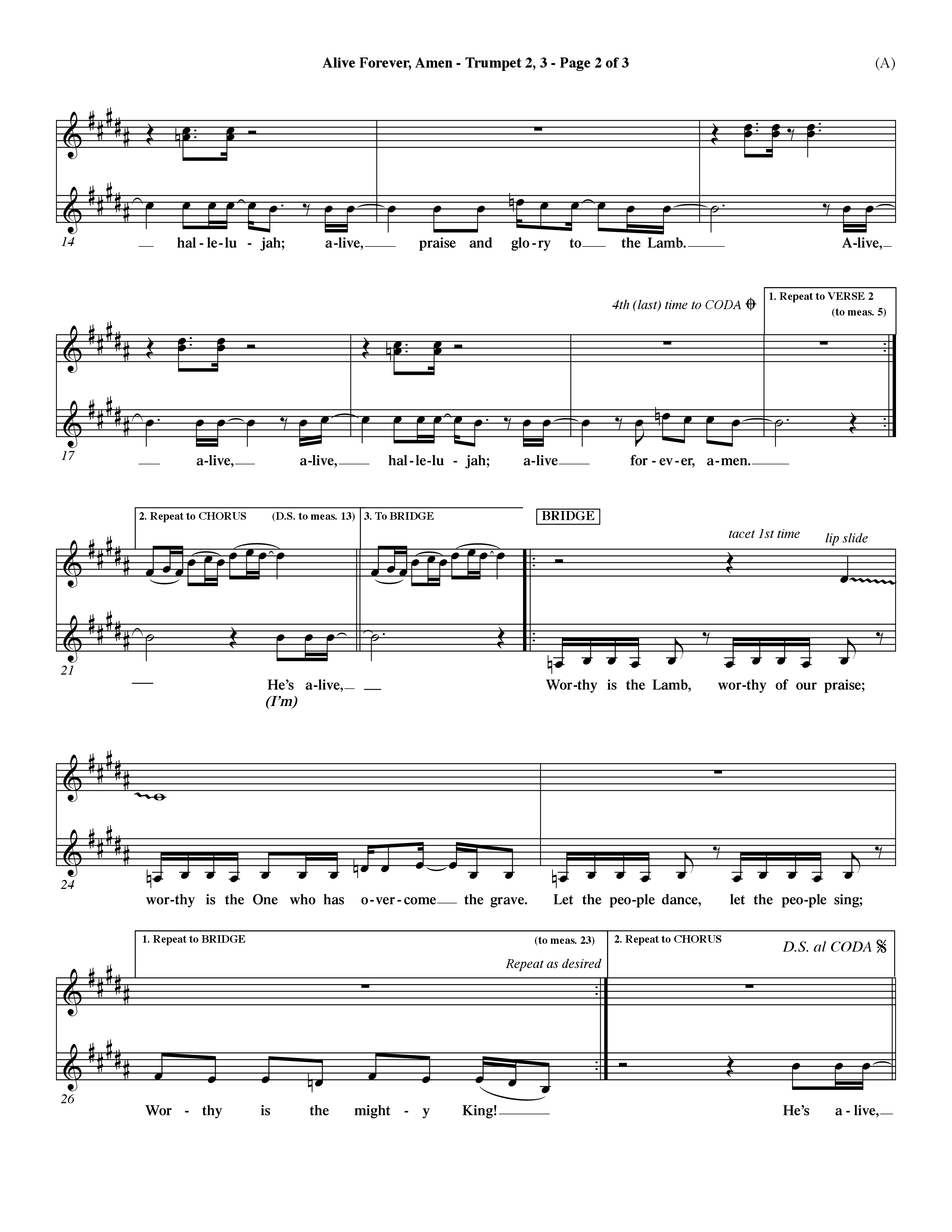 Alive Forever Amen (Choral Anthem SATB) Trumpet 2/3 (Word Music Choral / Orch. Dave Williamson)