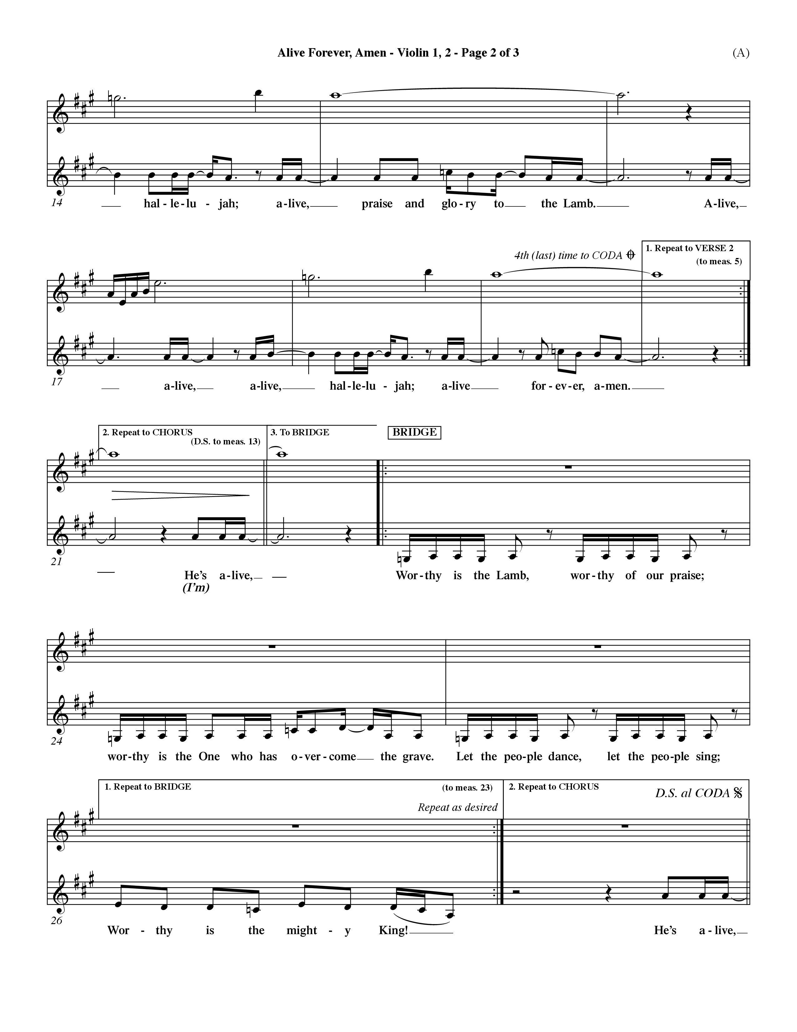 Alive Forever Amen (Choral Anthem SATB) Violin 1/2 (Word Music Choral / Orch. Dave Williamson)