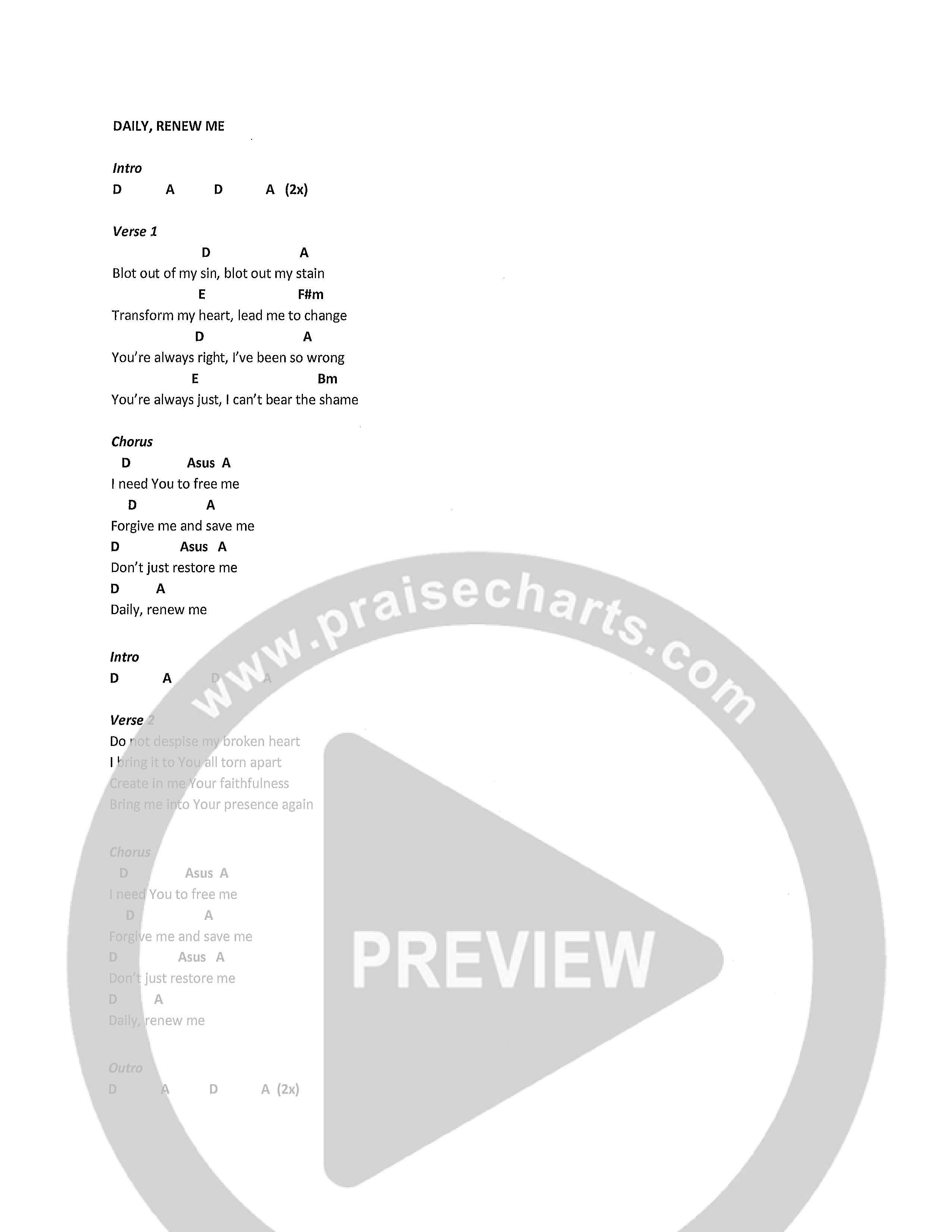 Daily Renew Me (Psalm 51) Chord Chart (Maple Valley Worship)