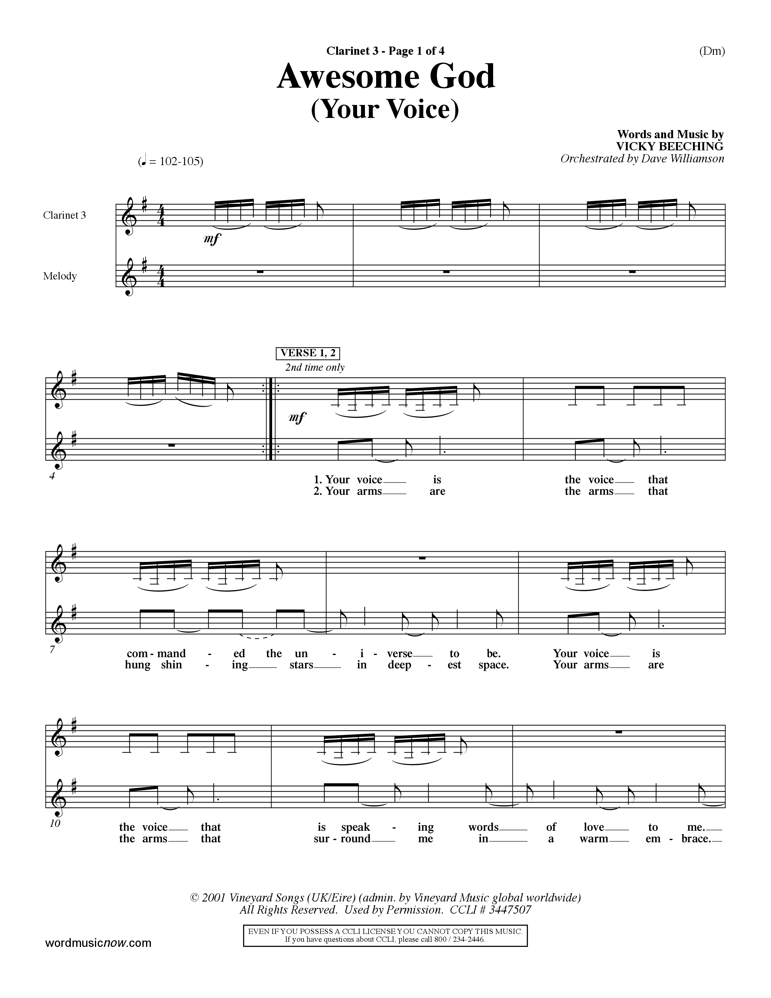 Awesome God (Your Voice) (Choral Anthem SATB) Clarinet 3 (Word Music Choral / Orch. Dave Williamson)