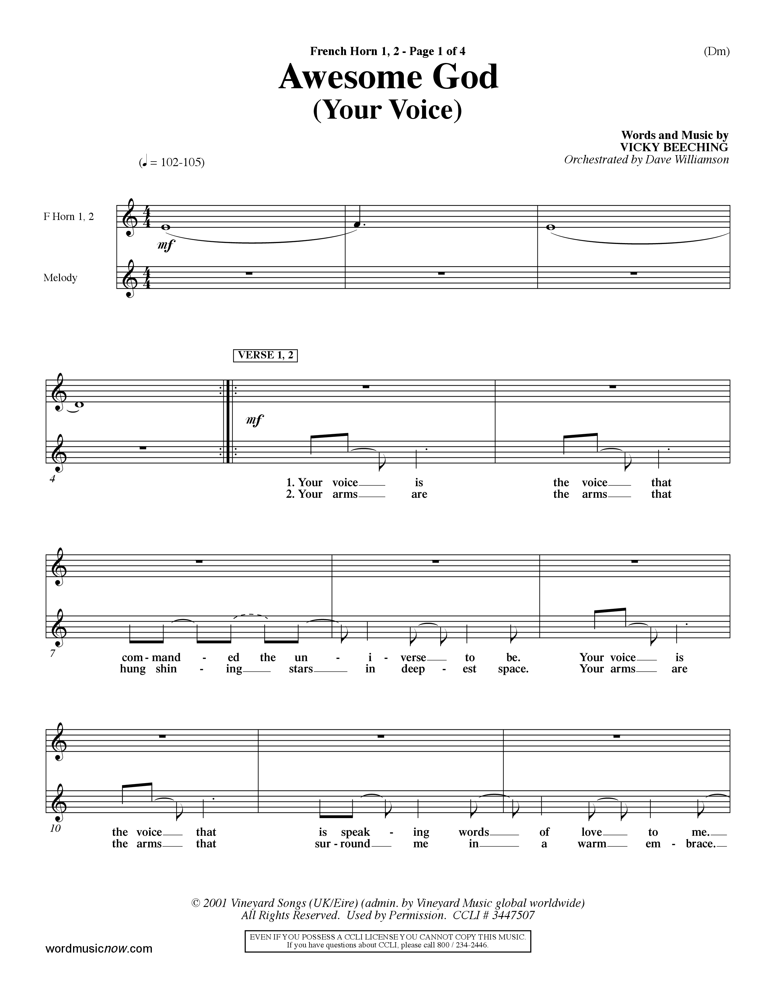 Awesome God (Your Voice) (Choral Anthem SATB) French Horn (Word Music Choral / Orch. Dave Williamson)