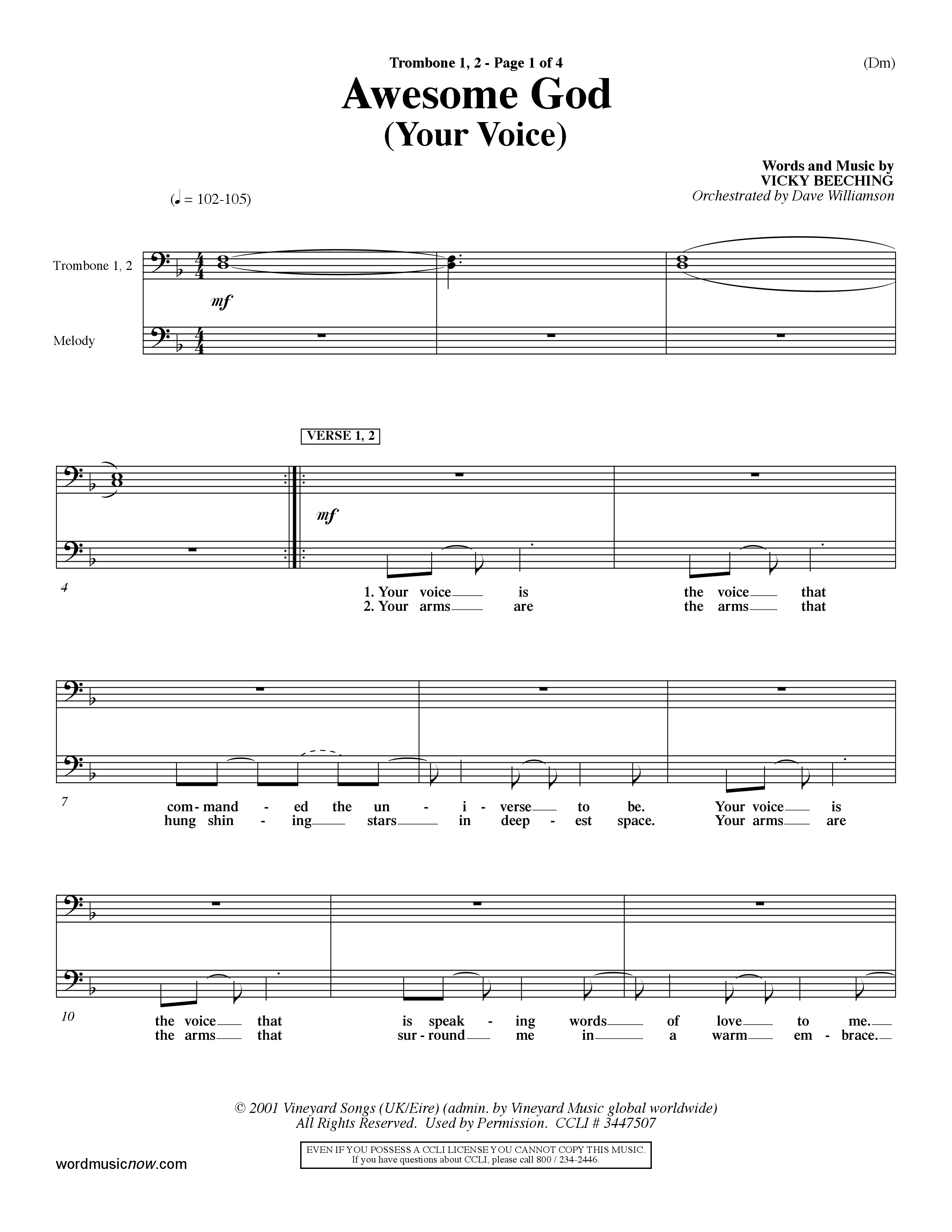 Awesome God (Your Voice) (Choral Anthem SATB) Trombone 1/2 (Word Music Choral / Orch. Dave Williamson)