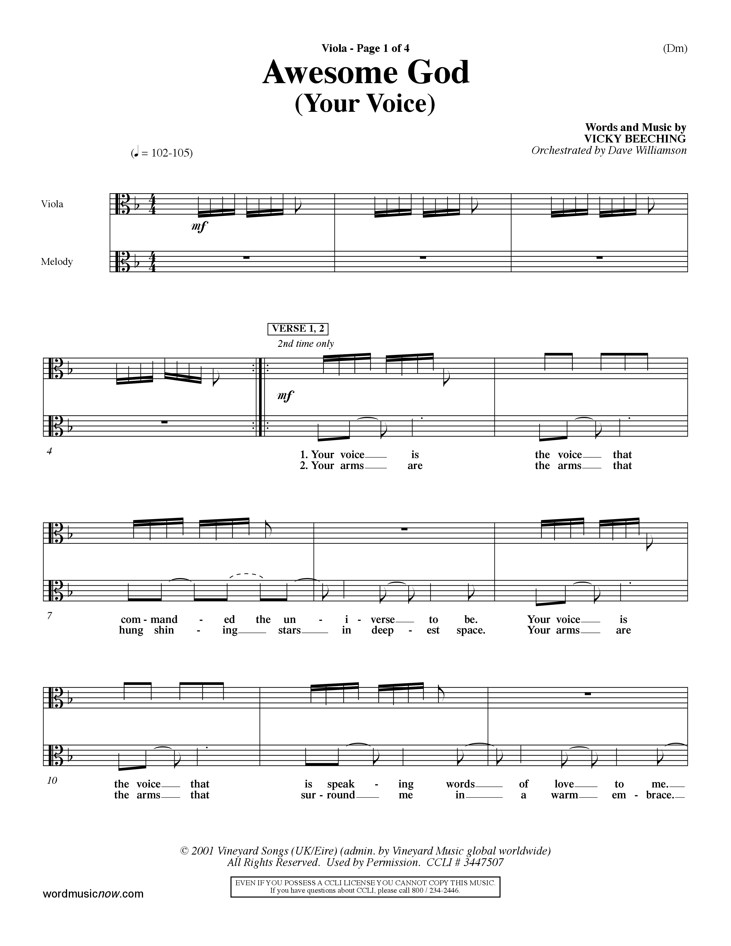 Awesome God (Your Voice) (Choral Anthem SATB) Viola (Word Music Choral / Orch. Dave Williamson)