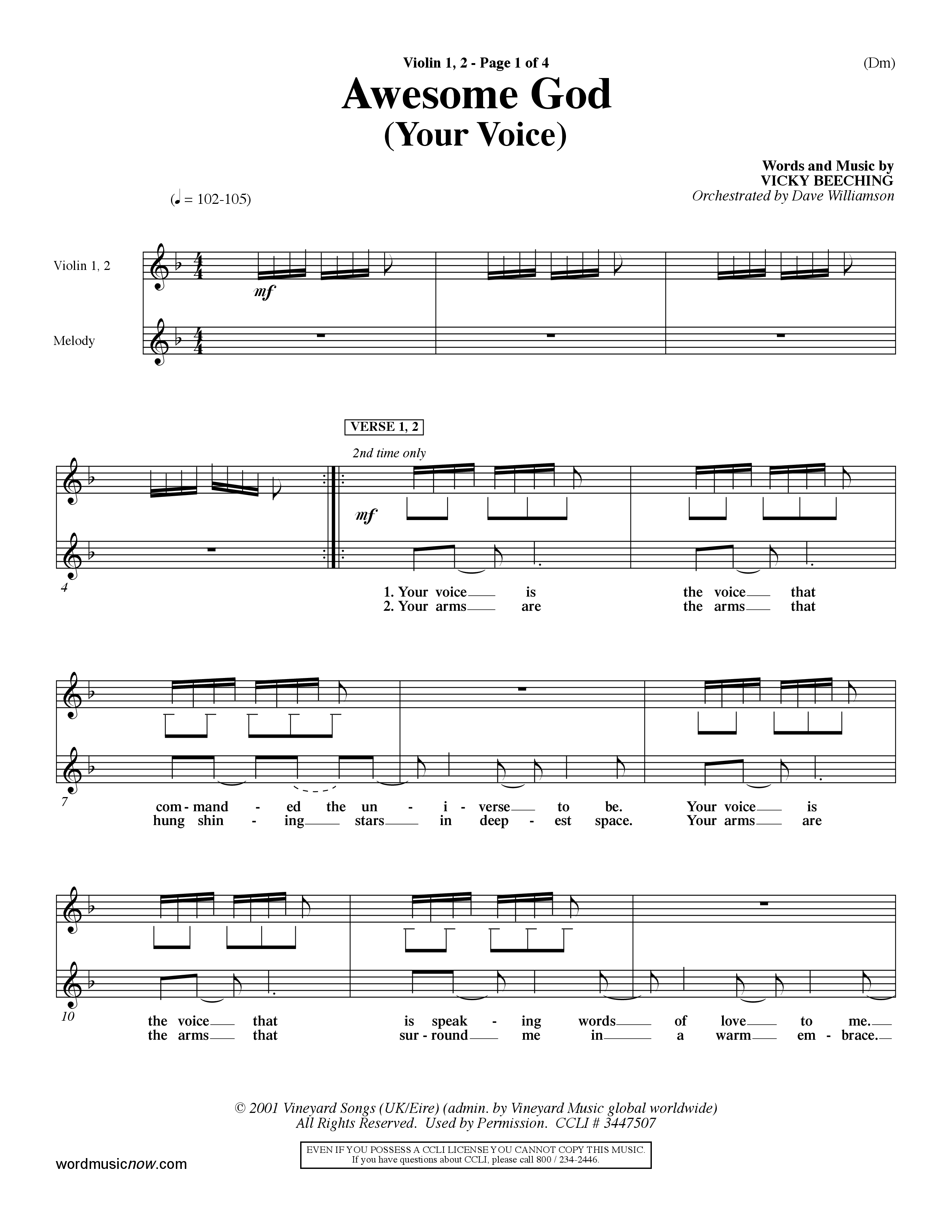 Awesome God (Your Voice) (Choral Anthem SATB) Violin 1/2 (Word Music Choral / Orch. Dave Williamson)