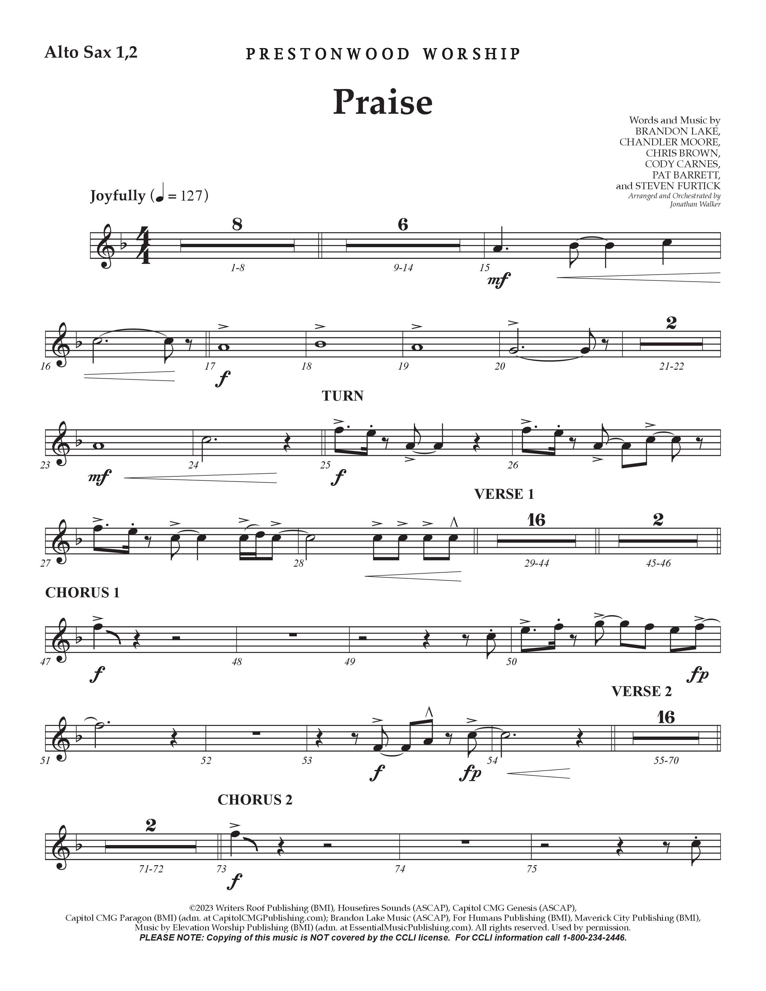 Praise (Choral Anthem SATB) Alto Sax 1/2 (Prestonwood Choir / Prestonwood Worship / Arr. Jonathan Walker)