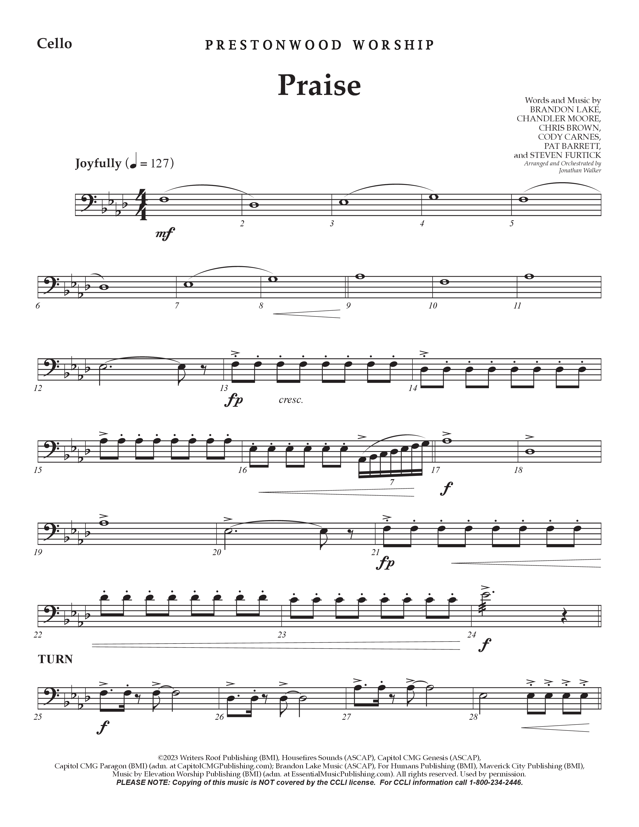 Praise (Choral Anthem SATB) Cello (Prestonwood Choir / Prestonwood Worship / Arr. Jonathan Walker)