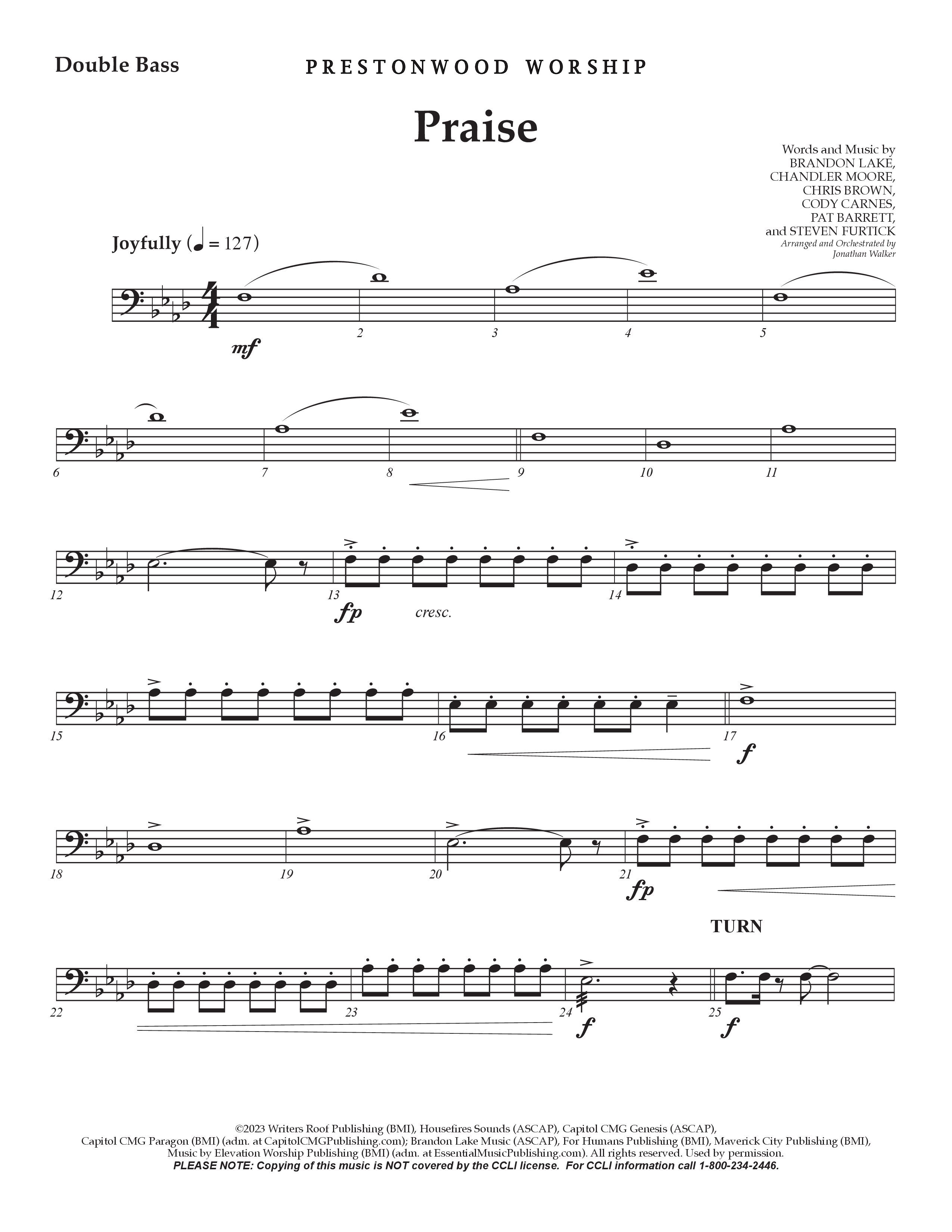 Praise (Choral Anthem SATB) Double Bass (Prestonwood Choir / Prestonwood Worship / Arr. Jonathan Walker)