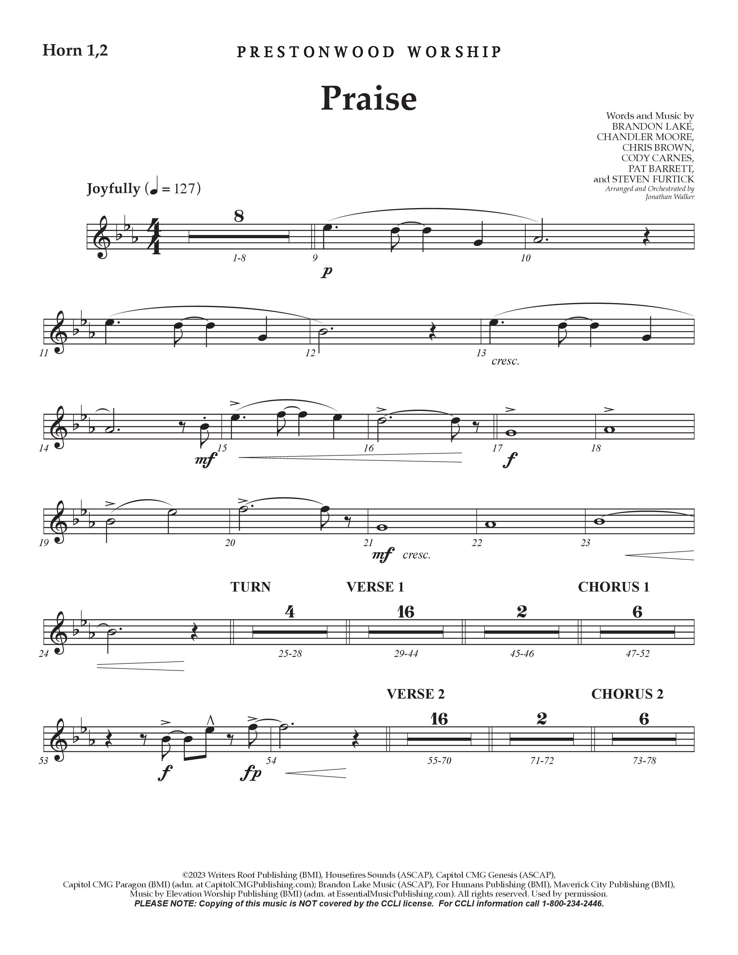 Praise (Choral Anthem SATB) French Horn (Prestonwood Choir / Prestonwood Worship / Arr. Jonathan Walker)