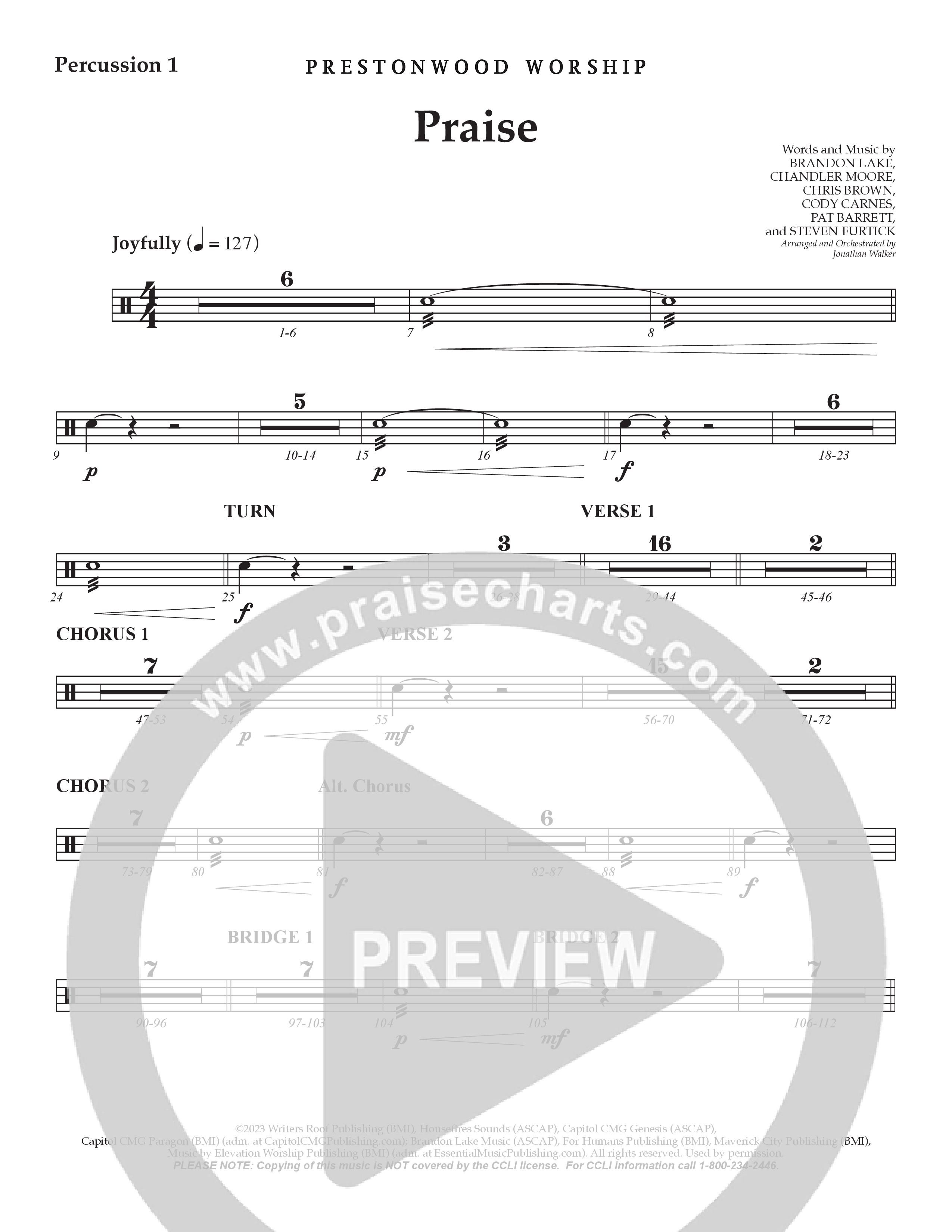 Praise (Choral Anthem SATB) Percussion (Prestonwood Choir / Prestonwood Worship / Arr. Jonathan Walker)
