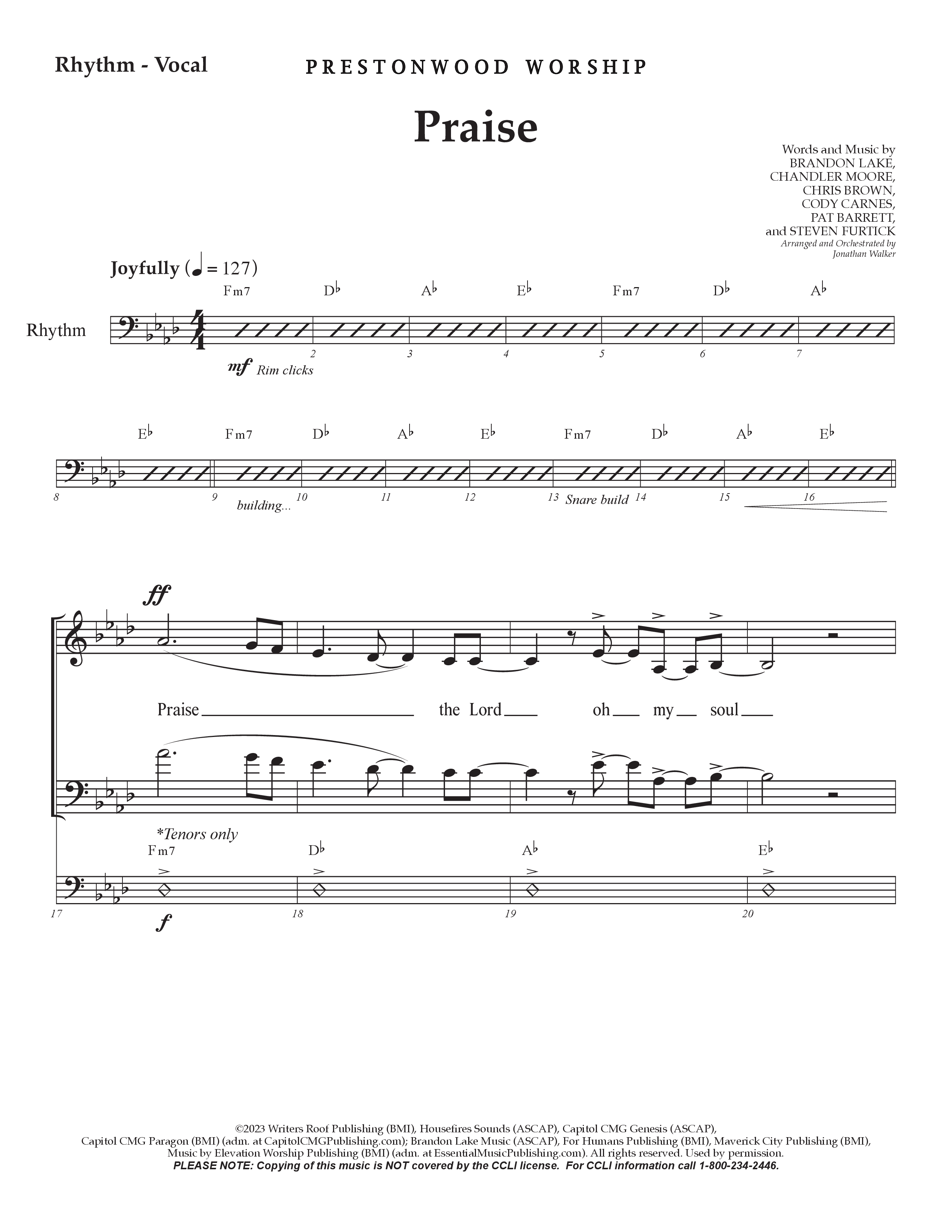 Praise (Choral Anthem SATB) Rhythm/Vocal (Prestonwood Choir / Prestonwood Worship / Arr. Jonathan Walker)