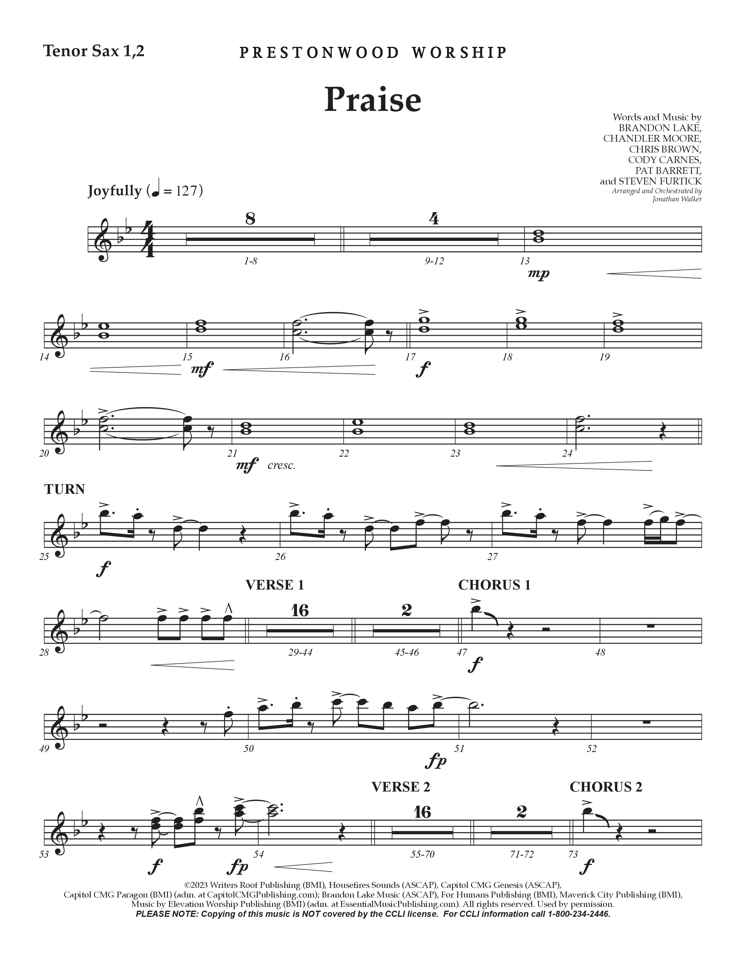Praise (Choral Anthem SATB) Tenor Sax 1/2 (Prestonwood Choir / Prestonwood Worship / Arr. Jonathan Walker)
