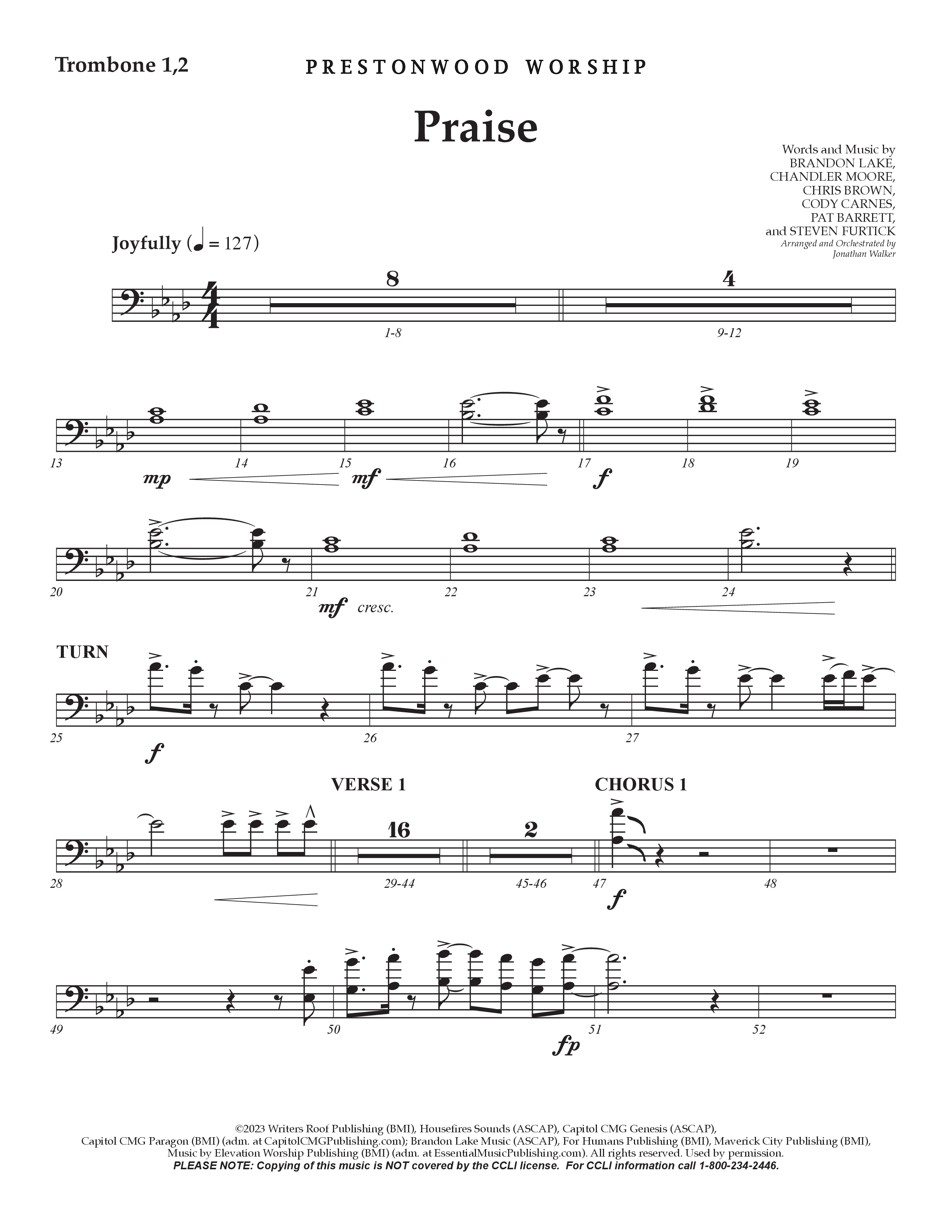 Praise (Choral Anthem SATB) Trombone 1/2 (Prestonwood Choir / Prestonwood Worship / Arr. Jonathan Walker)