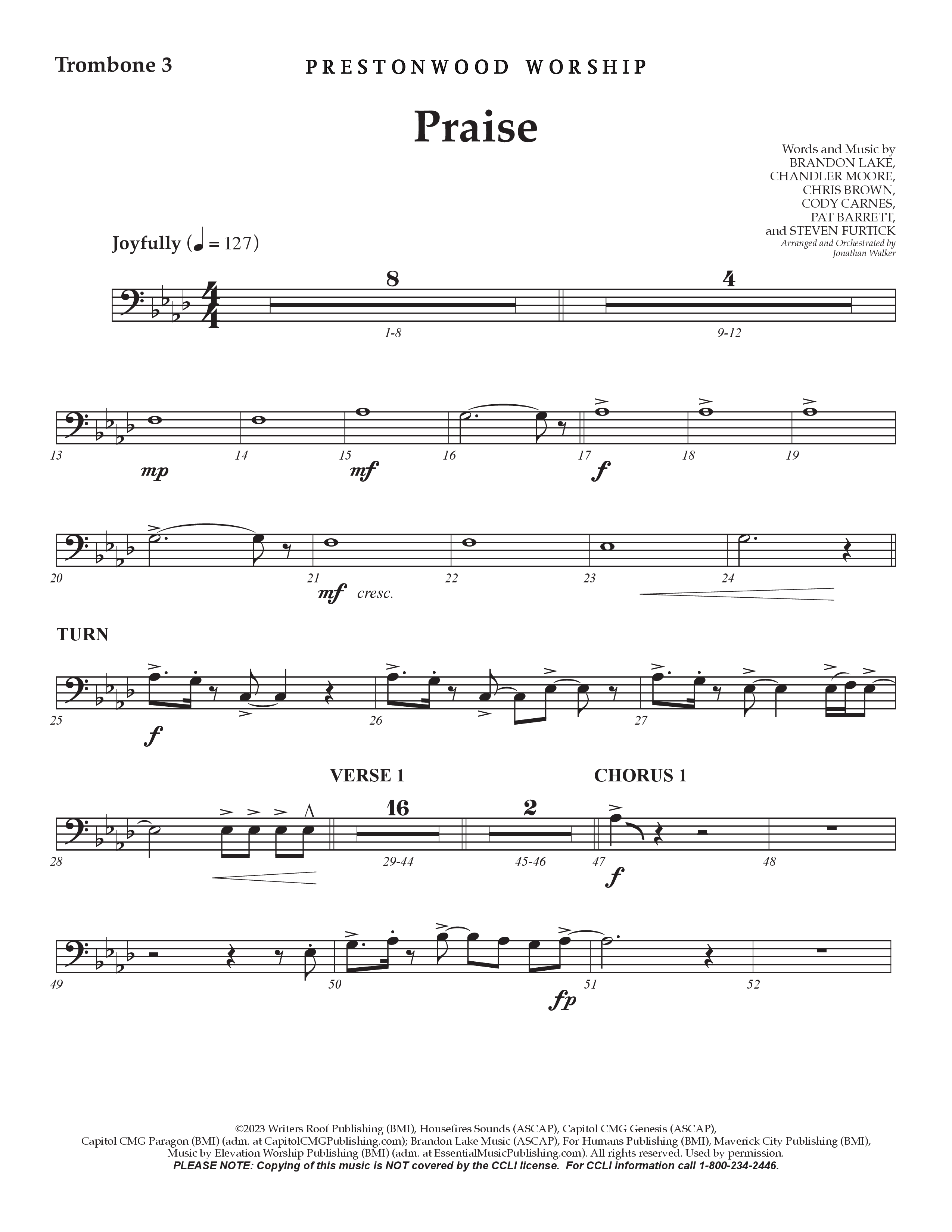 Praise (Choral Anthem SATB) Trombone 3 (Prestonwood Choir / Prestonwood Worship / Arr. Jonathan Walker)