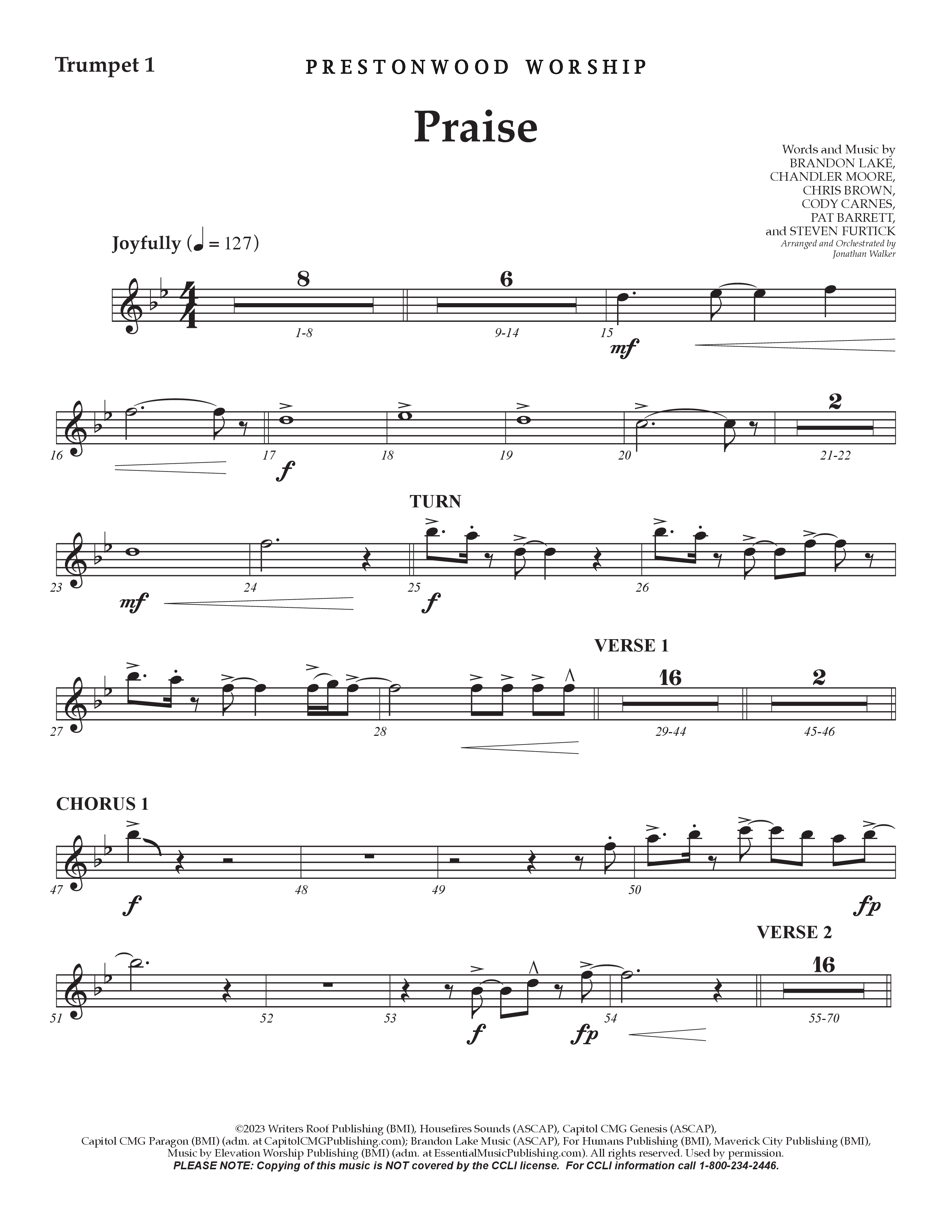 Praise (Choral Anthem SATB) Trumpet 1 (Prestonwood Choir / Prestonwood Worship / Arr. Jonathan Walker)